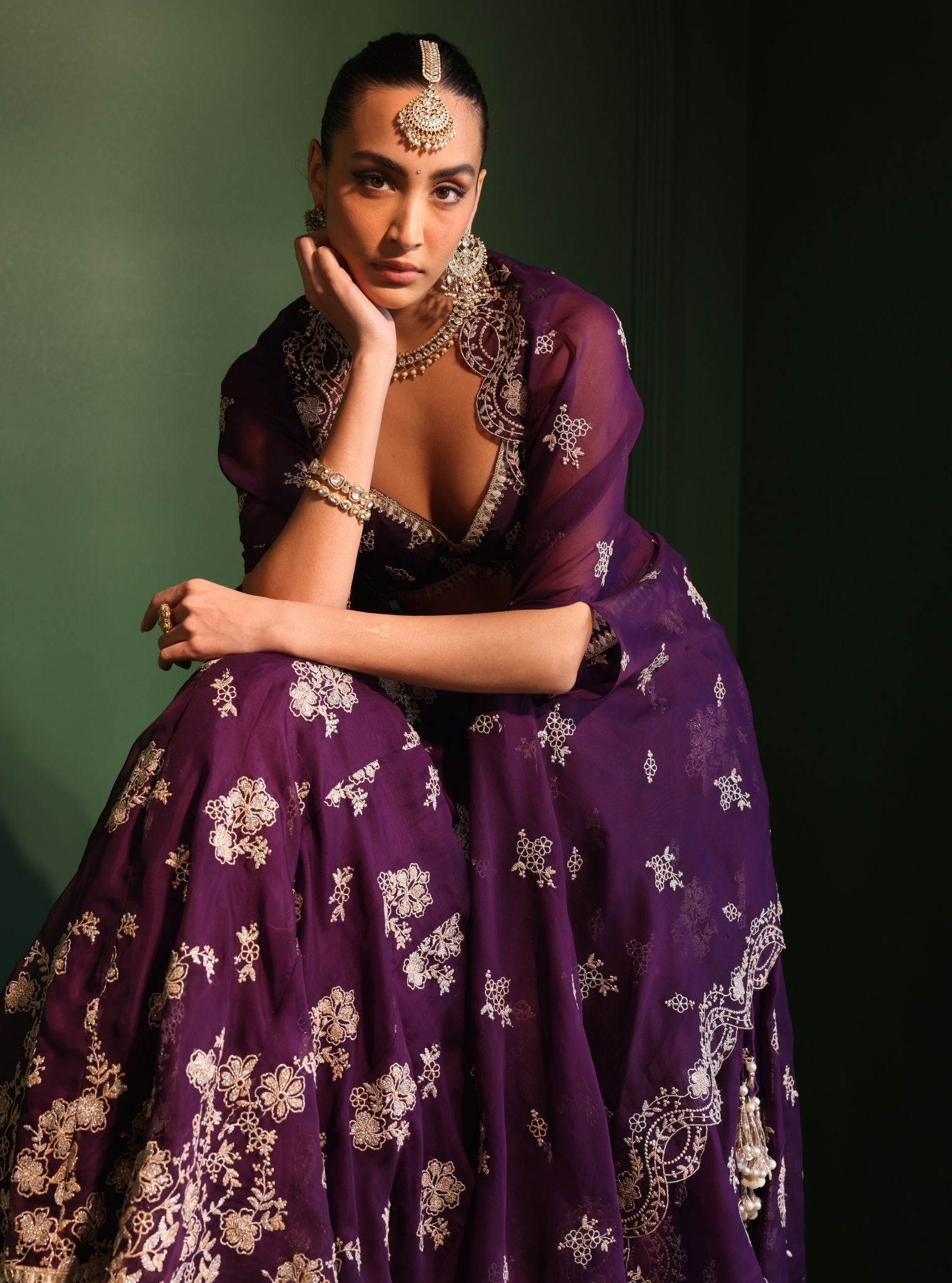 Mulmul Organza Jugnu Purple Lehenga