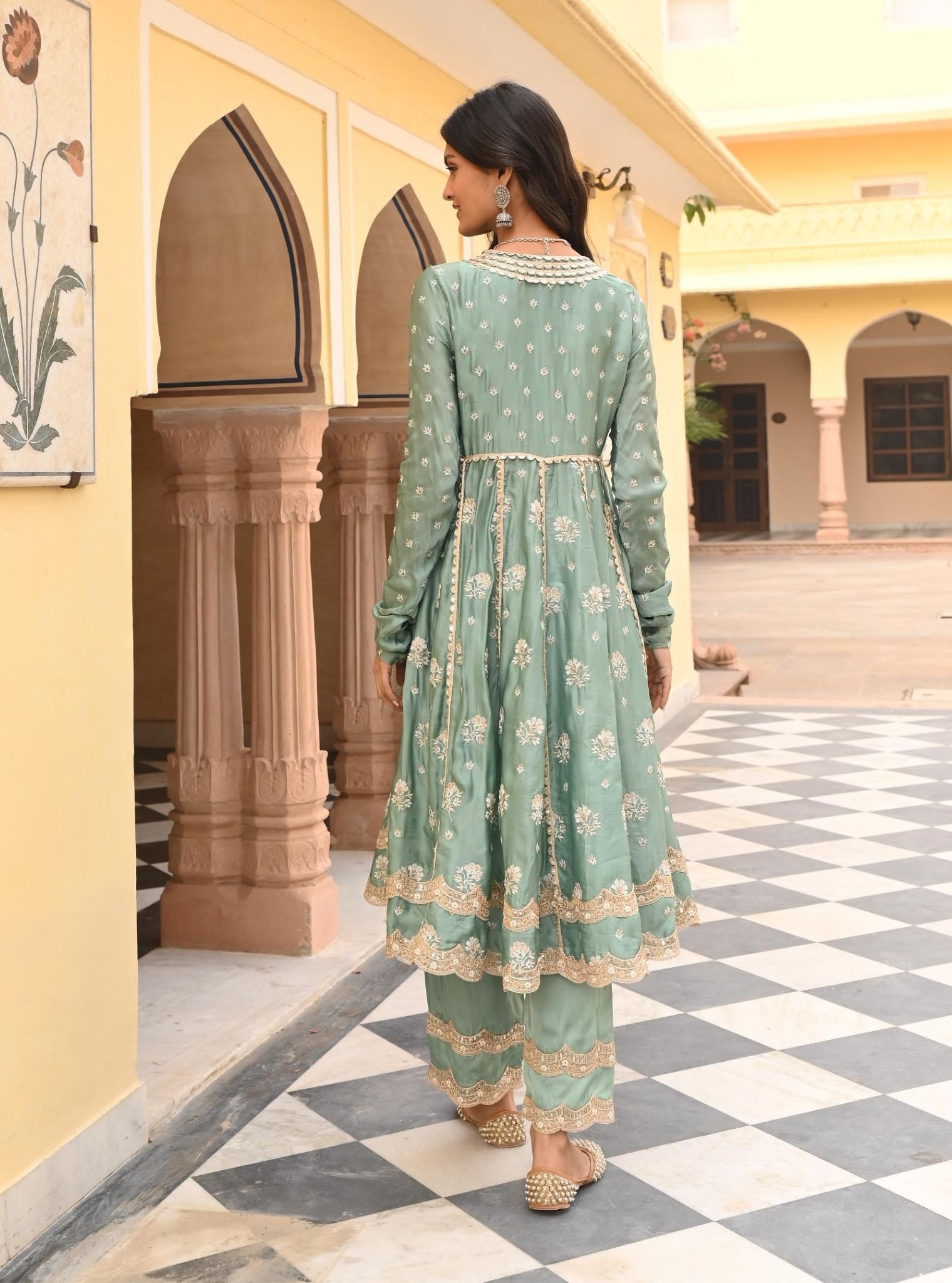 Mulmul Organza Satin Tareefan Teal Blue Anarkali Kurta with Mulmul Modal Satin Tareefan Teal Blue Pant