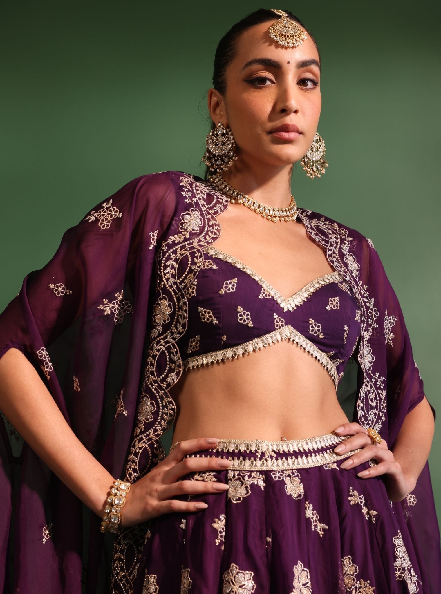 Mulmul Organza Jugnu Purple Lehenga