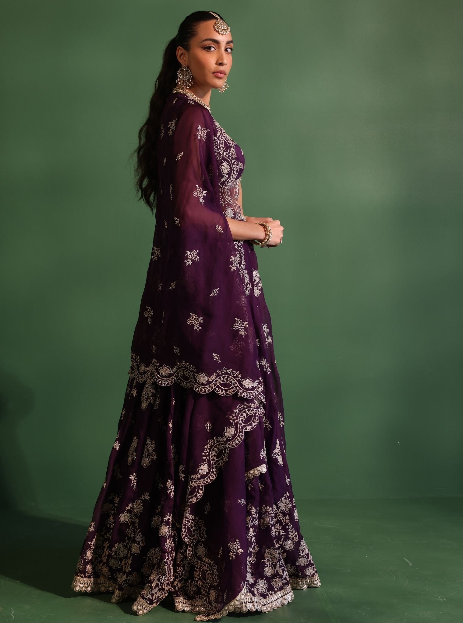 Mulmul Organza Jugnu Purple Lehenga