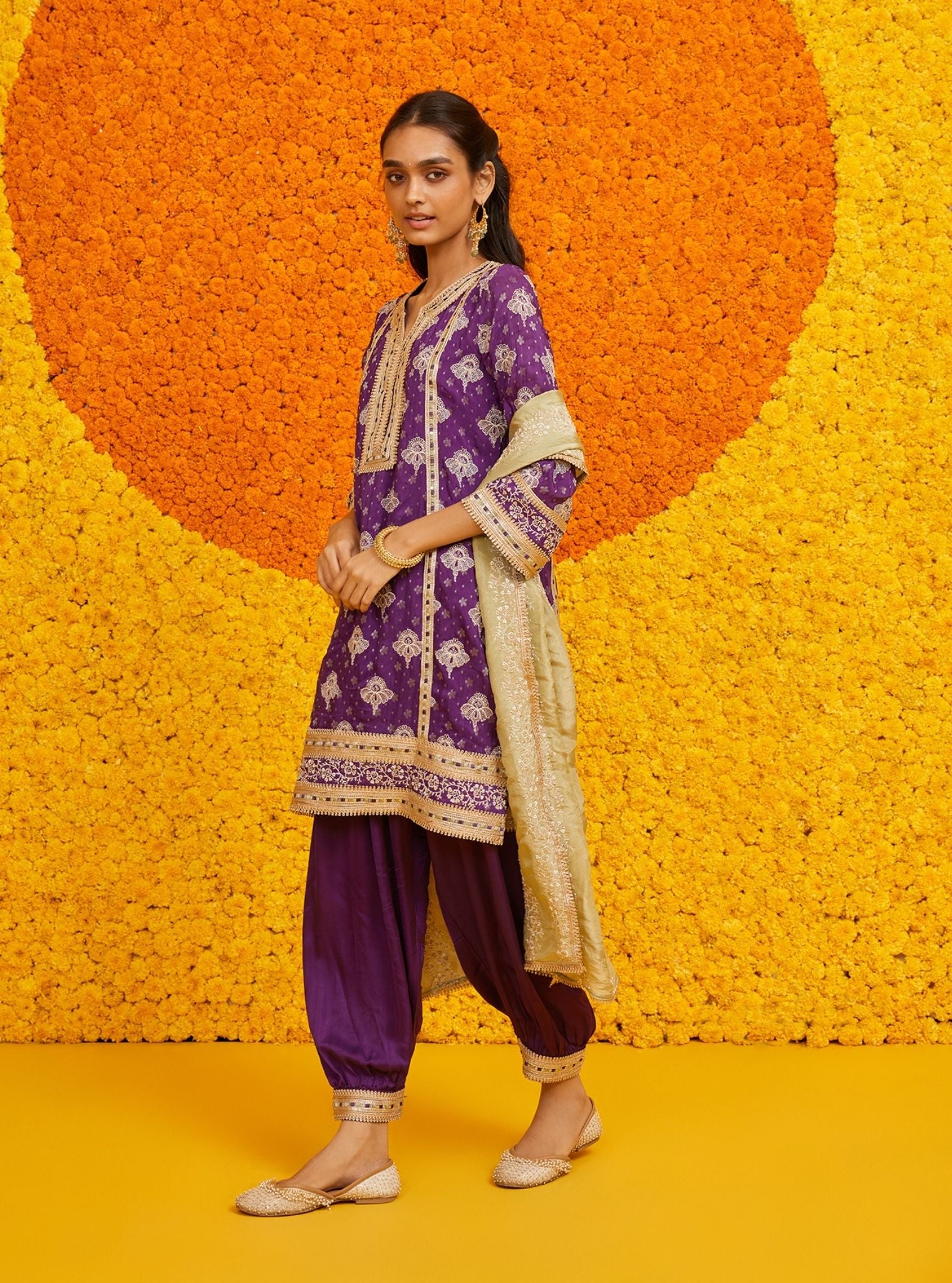 Mulmul Banarsi Faye Purple Kurta With Mulmul Cupro Satin Faye Purple Pant