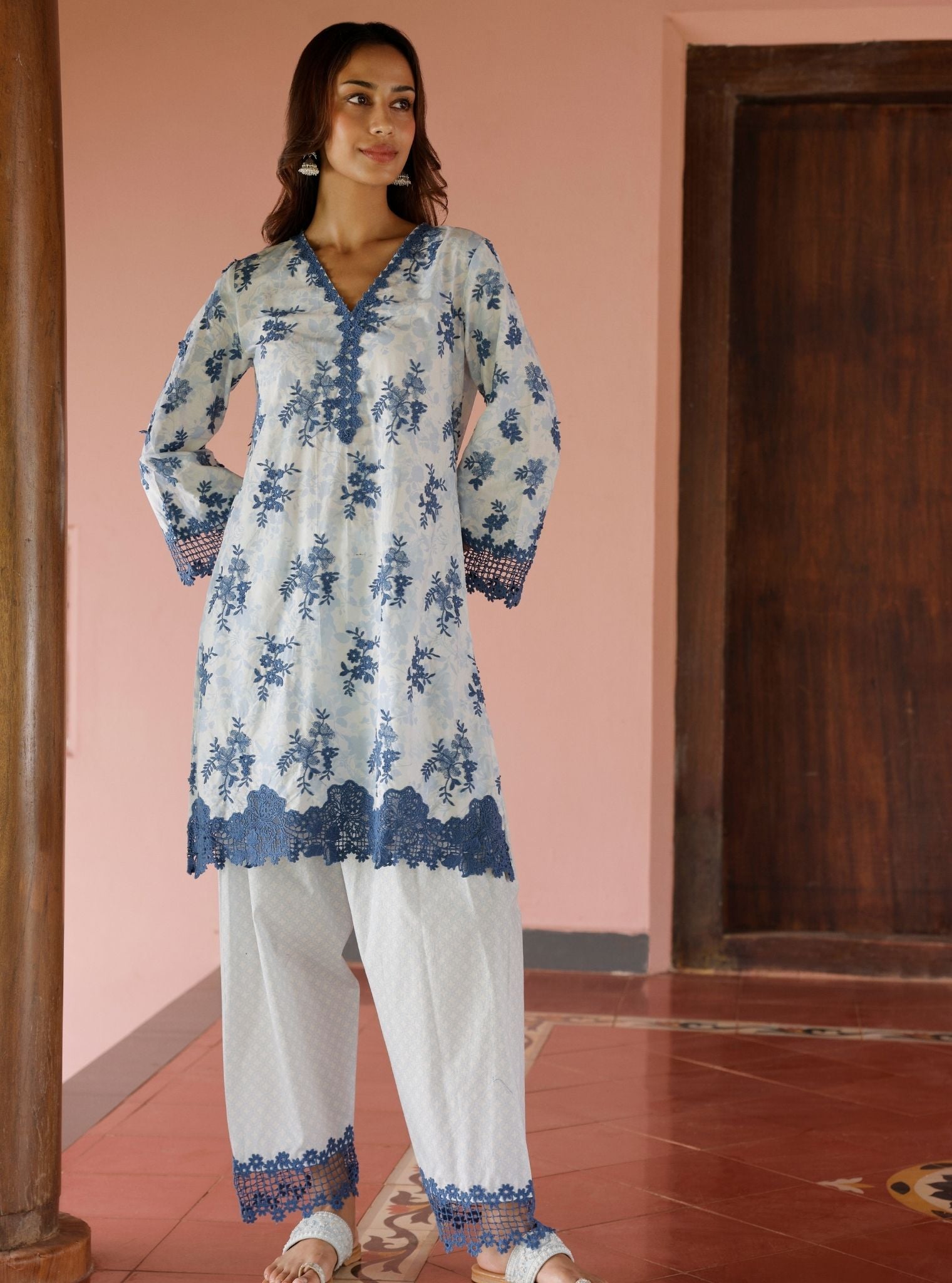 Mulmul Cotton Print Yamya Blue Kurta With Mulmul Cotton Print Yamya Blue Pant