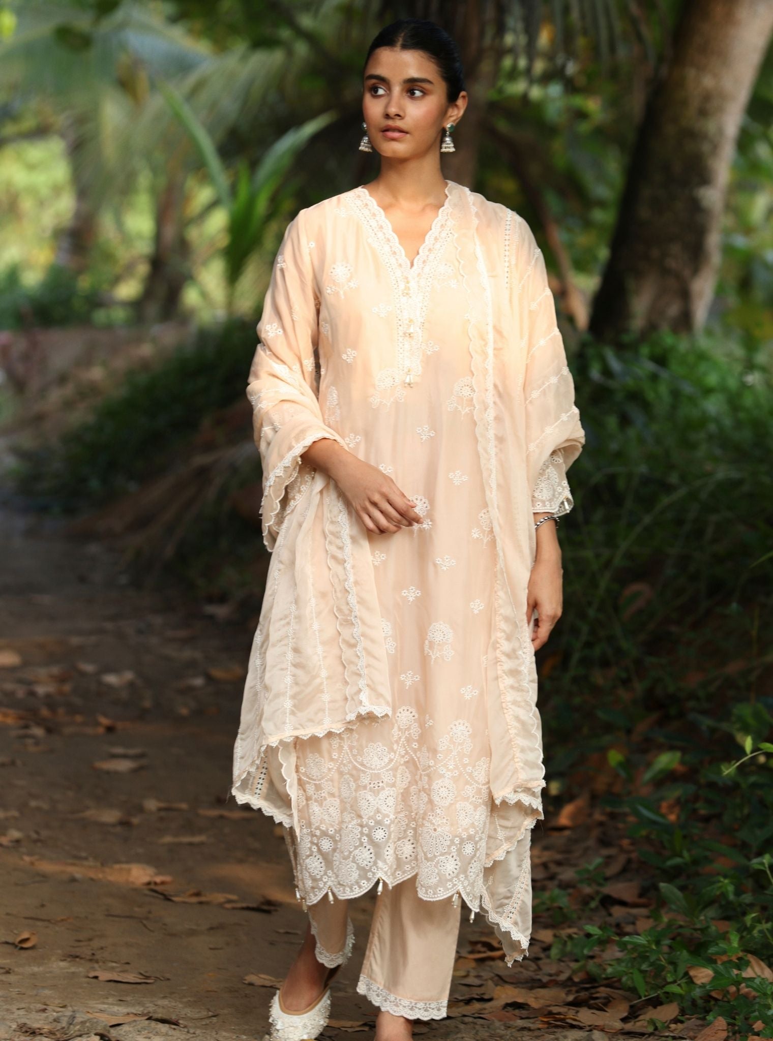 Mulmul Organza Kiyan Beige Kurta With Mulmul Cotton Kiyan Beige Pant