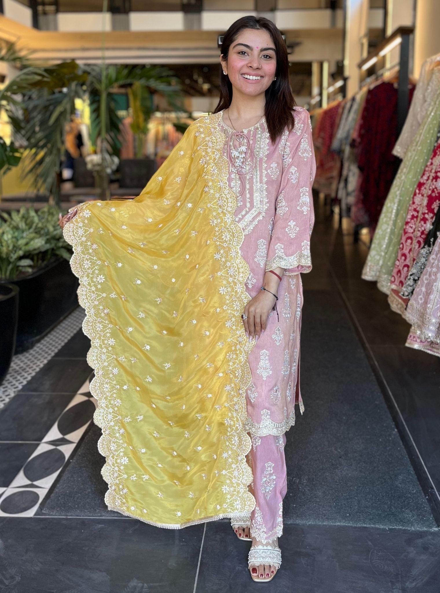 Mulmul Tissue Linen Satin Intira Pink Kurta With Mulmul Tissue Linen Satin Intira Pink Pant