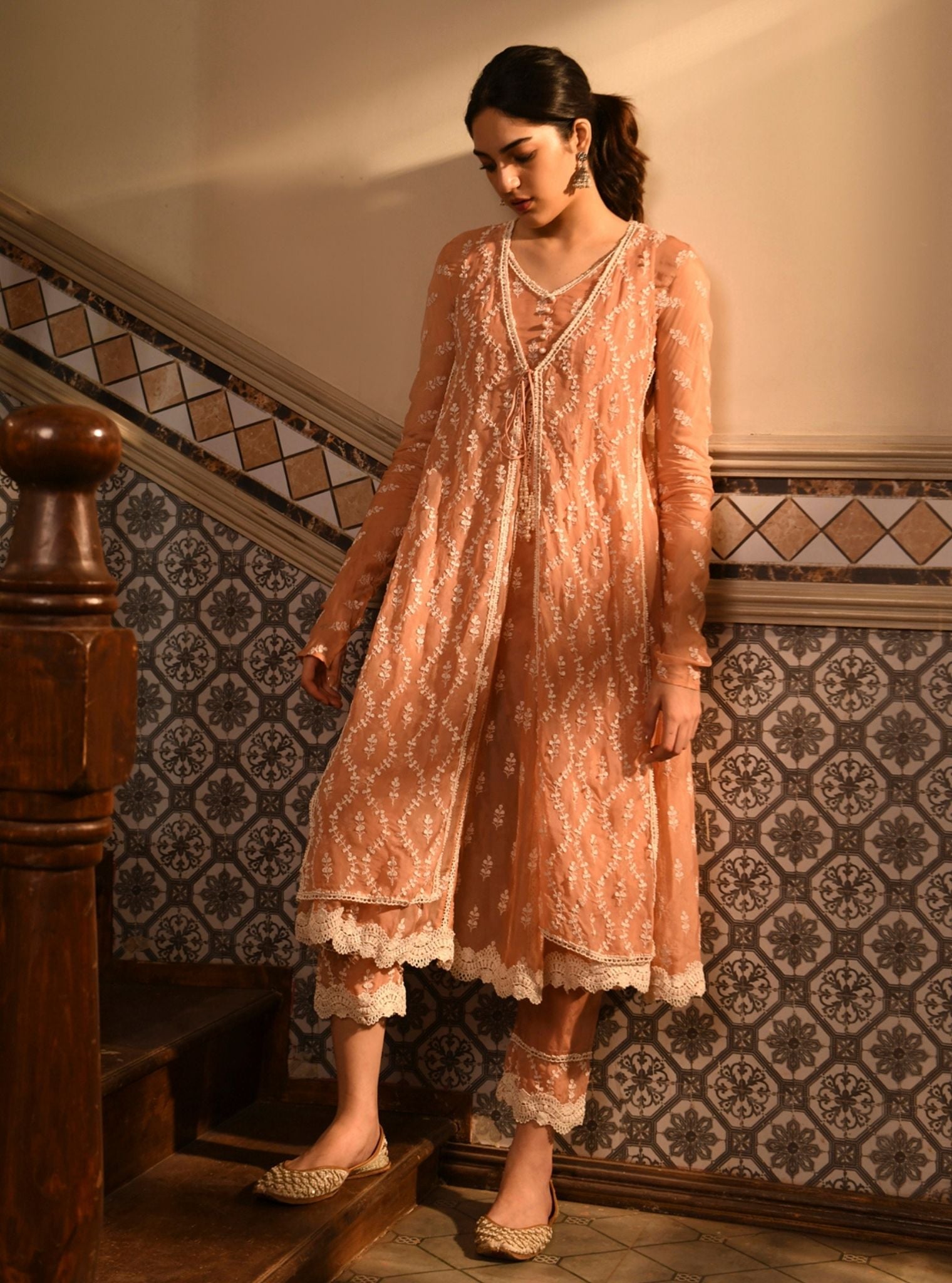 Mulmul Organza Kira Peach Anarkali Kurta With Mulmul Cotton Kira Peach Pant