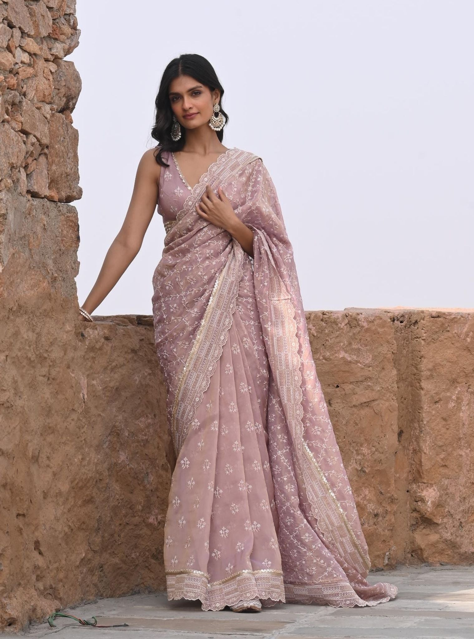 Mulmul Luxe Tissue Mehram Lilac Saree