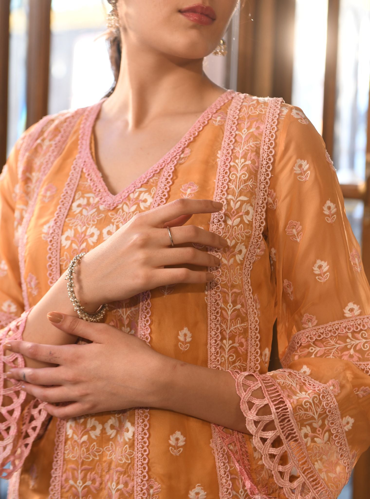 Mulmul Organza Paniz Orange Kurta With Mulmul Cotton Paniz Orange Pant