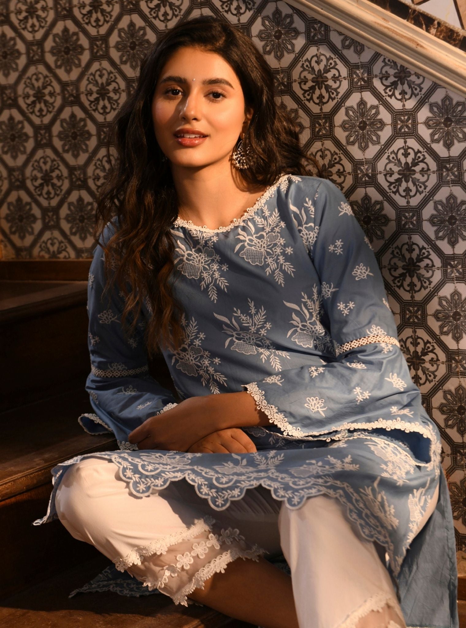 Mulmul Cotton Anisa denim Kurta With Mulmul Cotton Round Hem Organza Panel White Pant