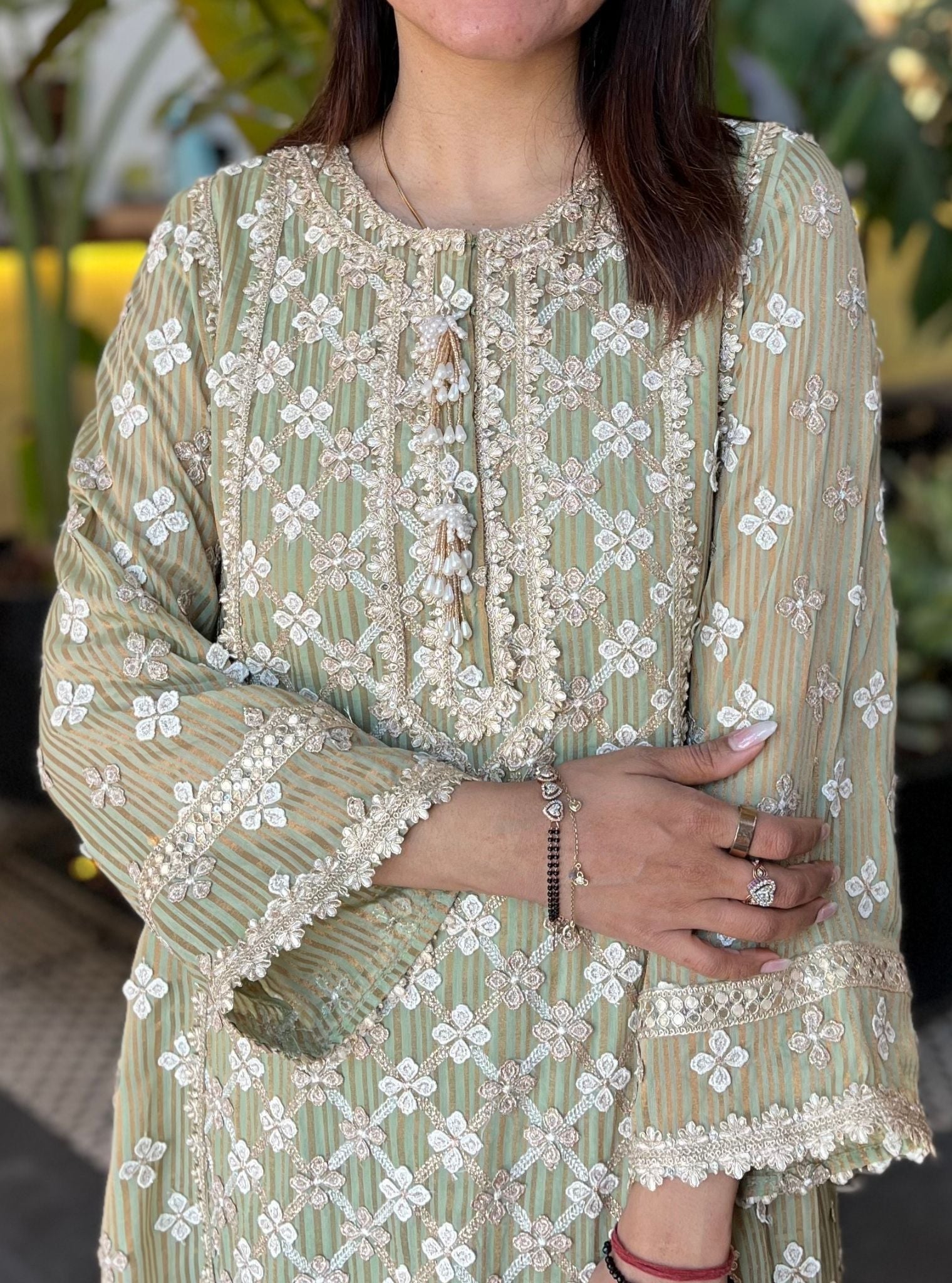 Mulmul Banarsi Eurielle Green Anarkali Kurta With Mulmul Pima Satin Eurielle Green Pant