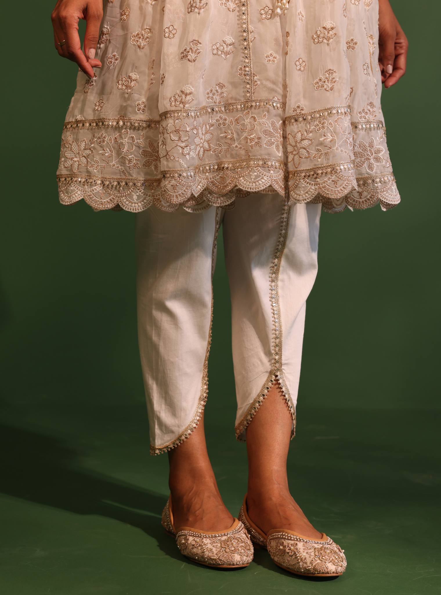 Mulmul Organza Gaatha Off White Short Anarkali Kurta With Mulmul Pima Satin Gaatha Off White Dhoti Pant