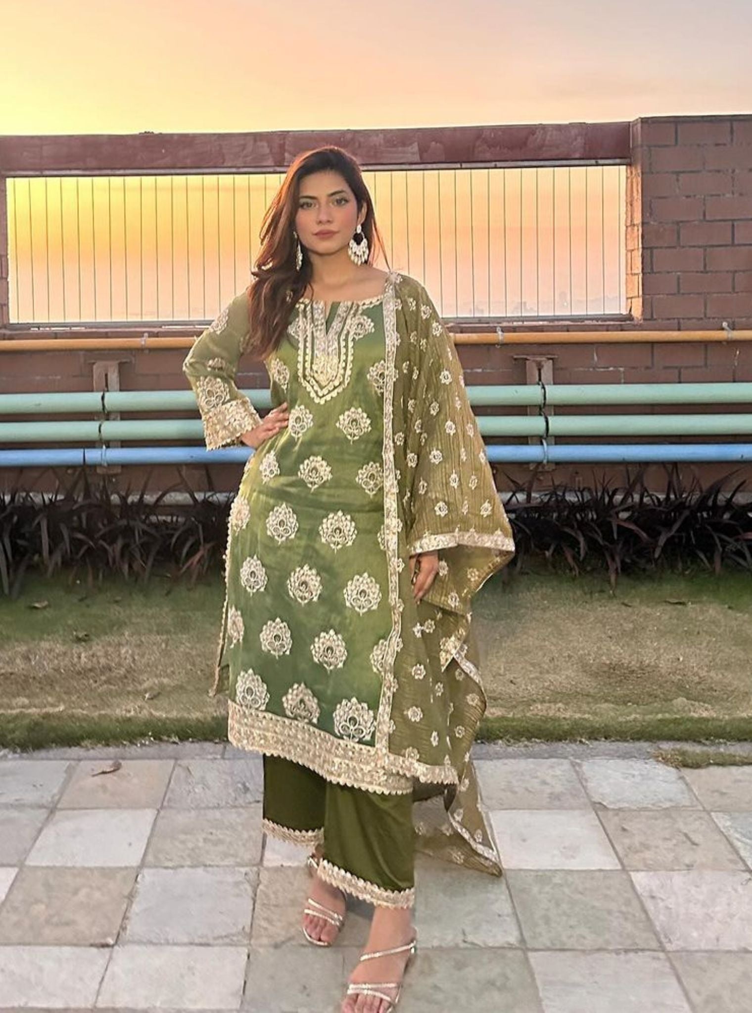 Mulmul Luxe Tissue Kasuri Moss Green Kurta with Mulmul Pima Satin Kasuri Moss Green Pant