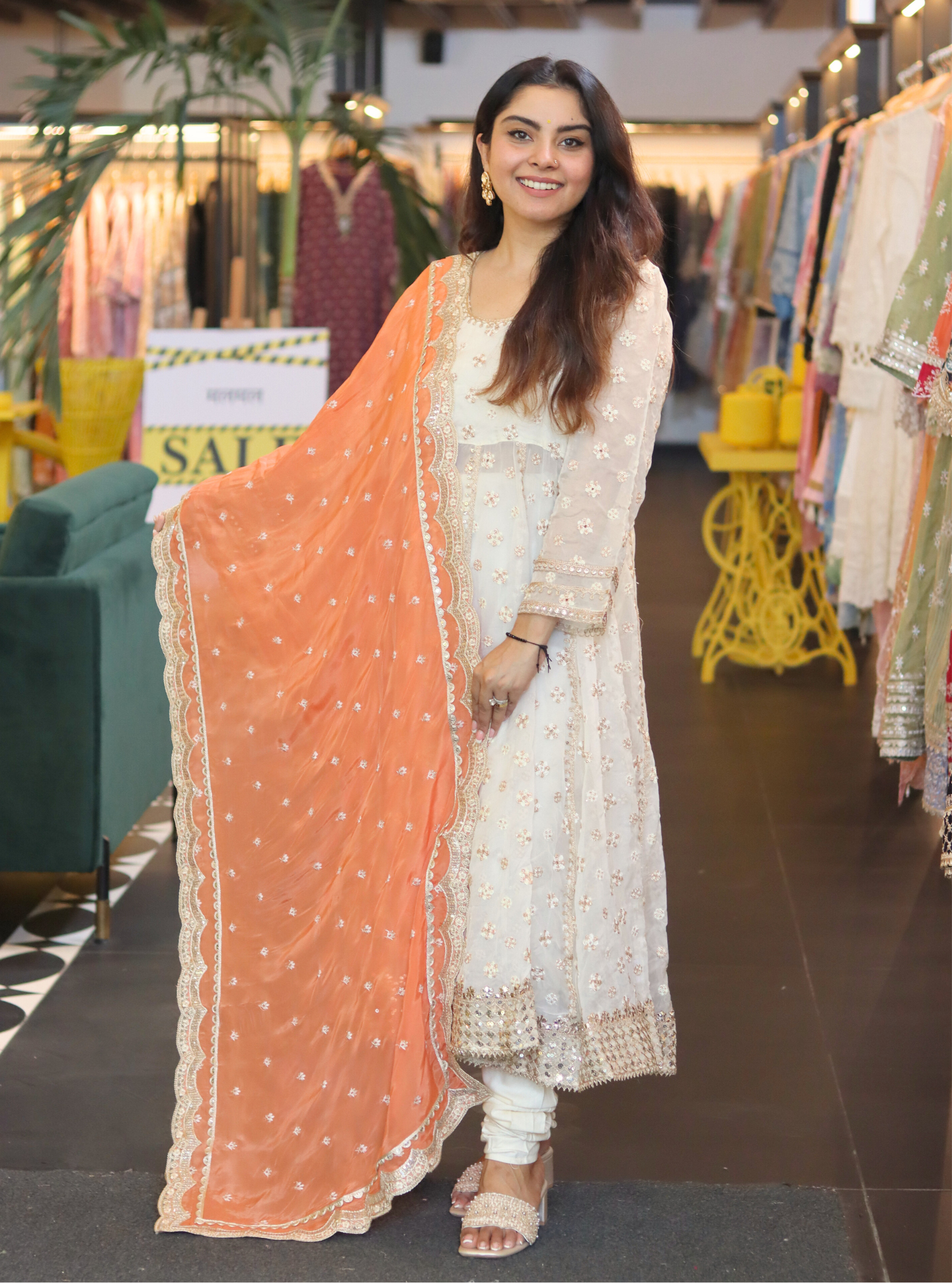 Mulmul Organza Malang Anarkali Off White Kurta With Jacket With Mulmul Pima Malang Off White Churidar Pant