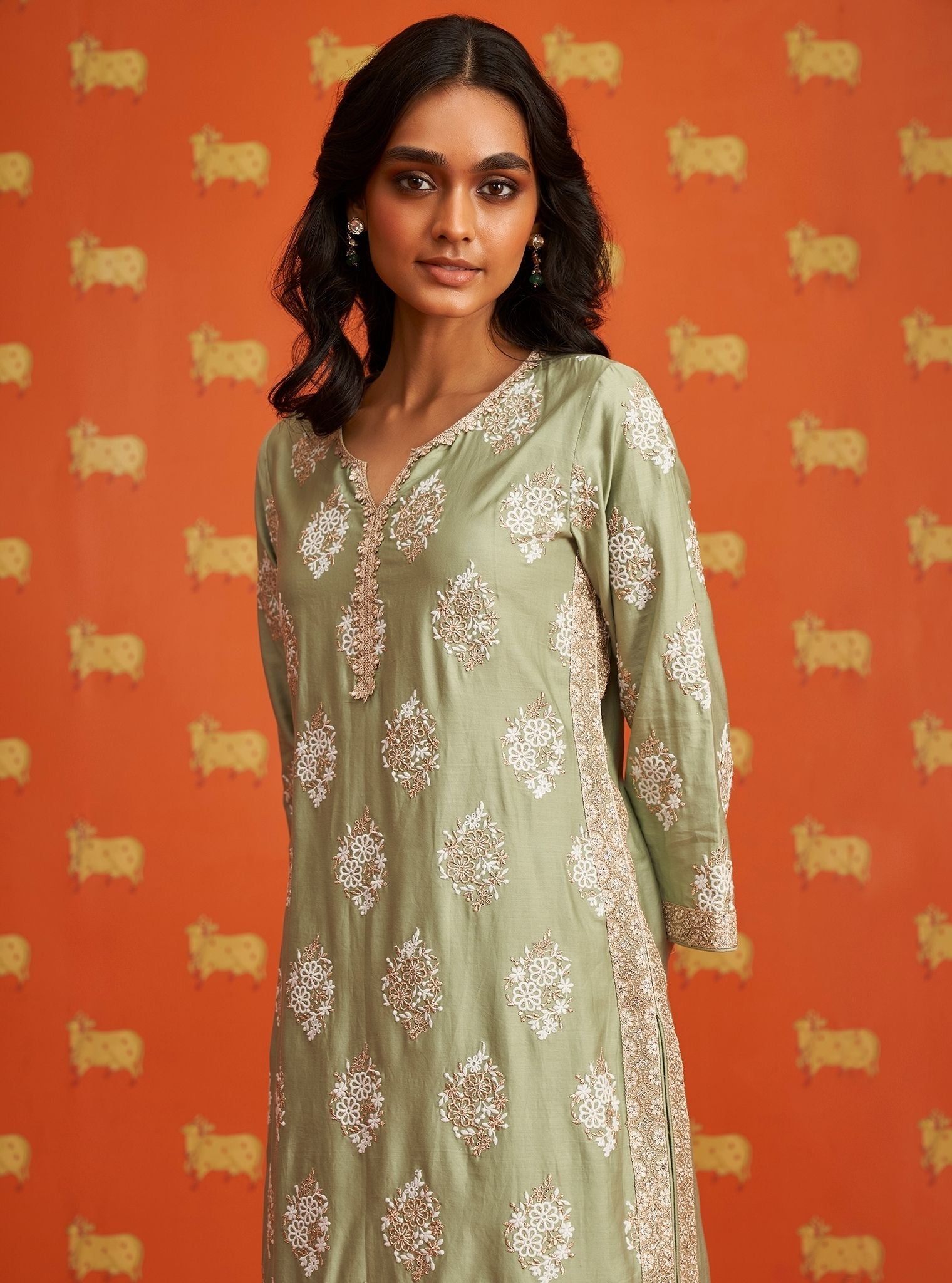 Mulmul Pima Satin Calita Green Kurta With Mulmul Pima Satin Calita Green Pant