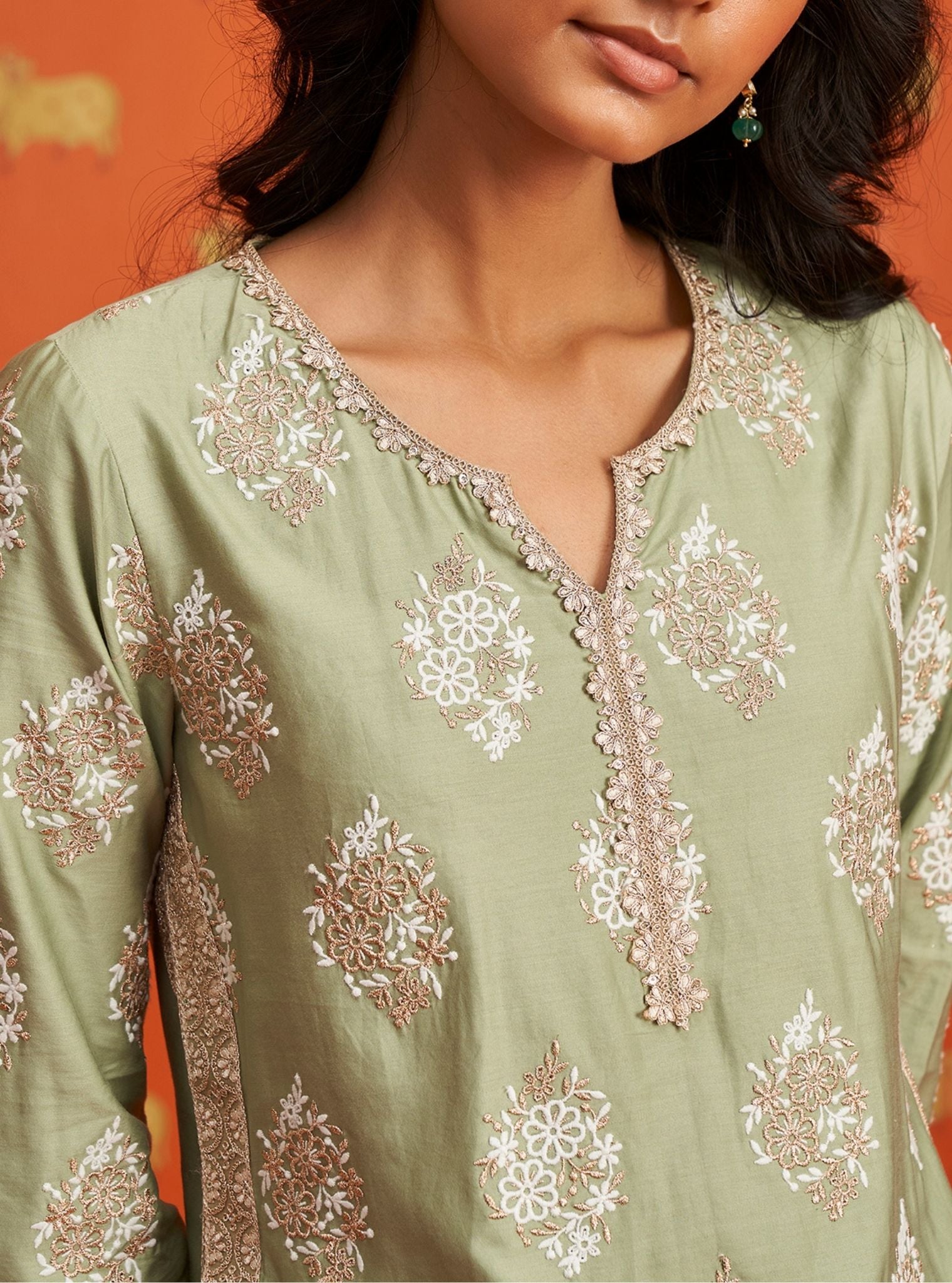 Mulmul Pima Satin Calita Green Kurta With Mulmul Pima Satin Calita Green Pant