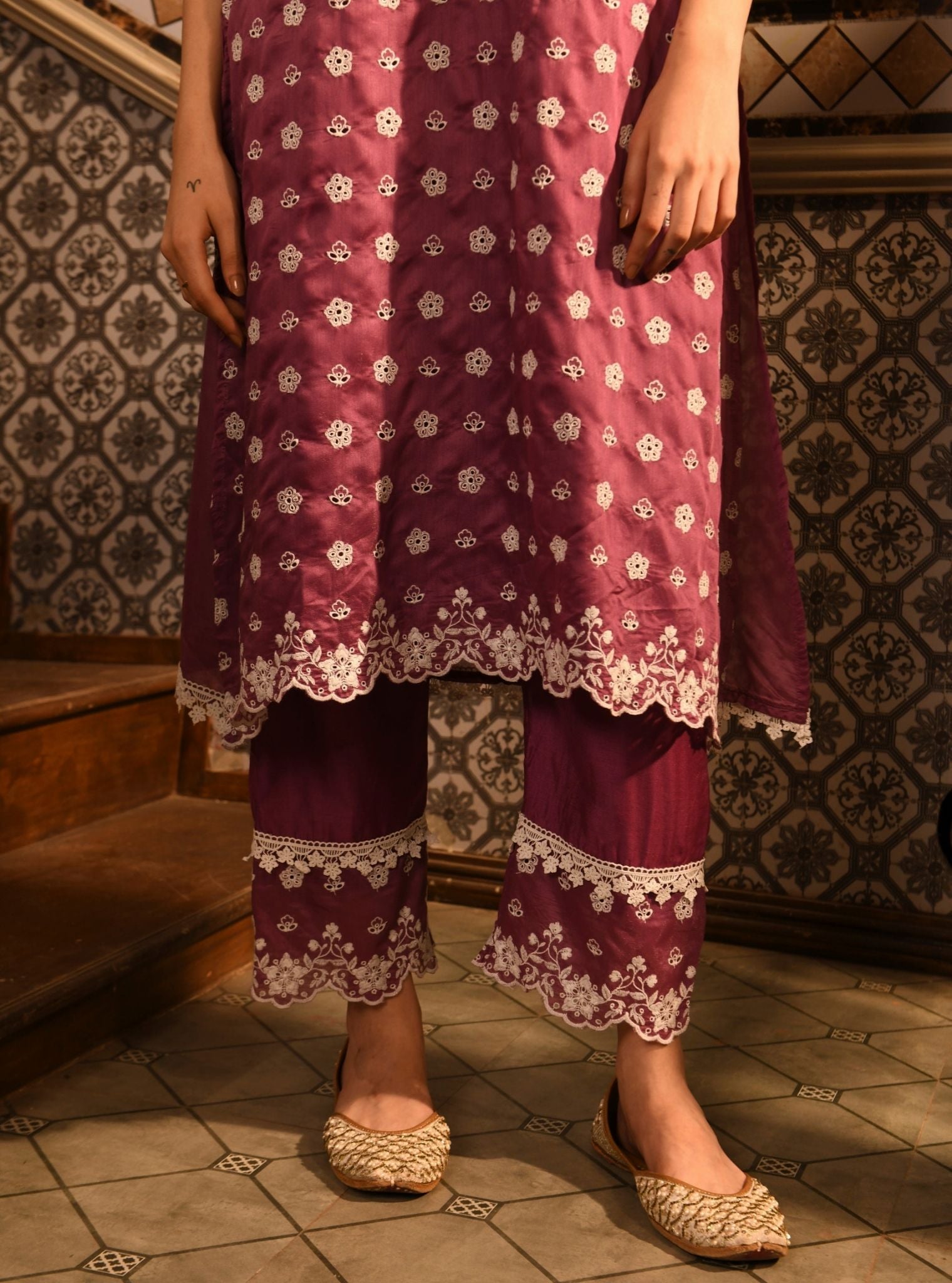 Mulmul Chanderi Miri Lilac Kurta With Mulmul Chanderi Miri Lilac Pant