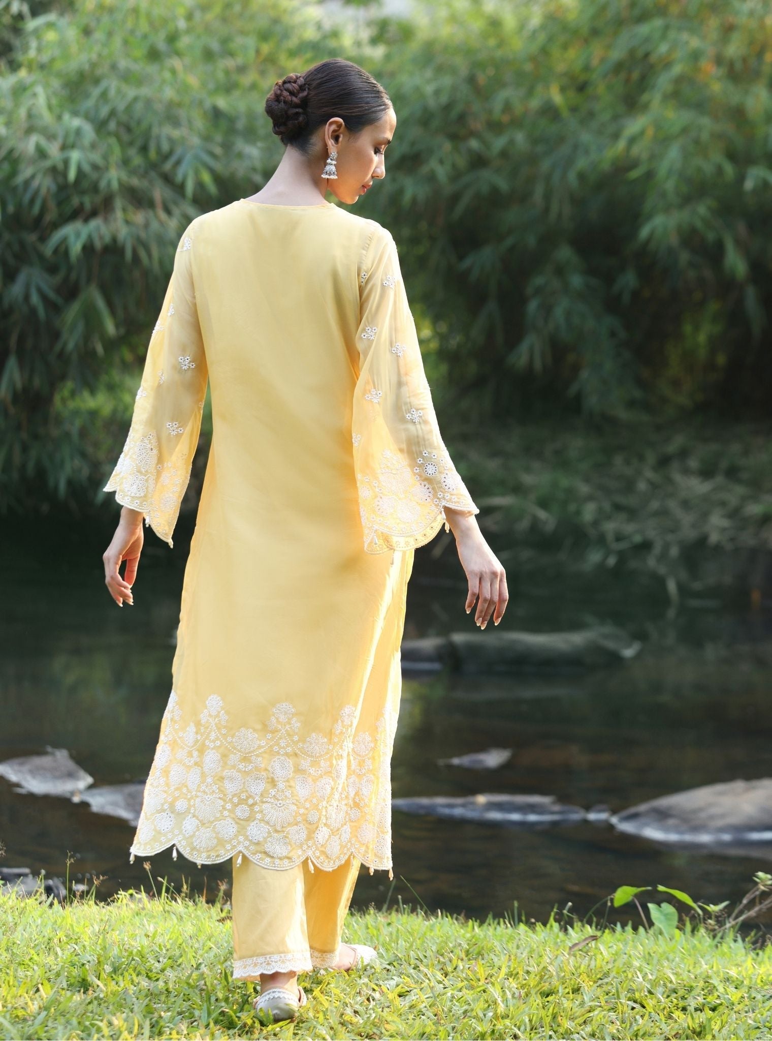 Mulmul Organza Kiyan Yellow Kurta With Mulmul Cotton Kiyan Yellow Pant