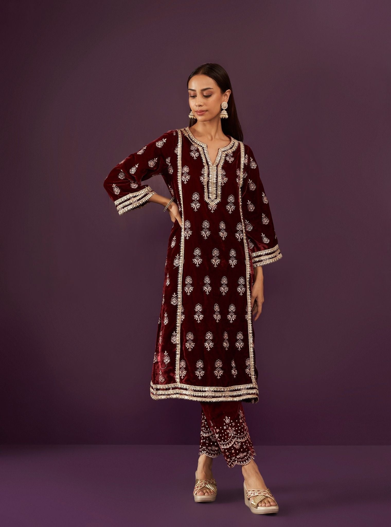 Mulmul Velvet Kumani Wine Kurta With Mulmul Velvet Kumani Wine Pant