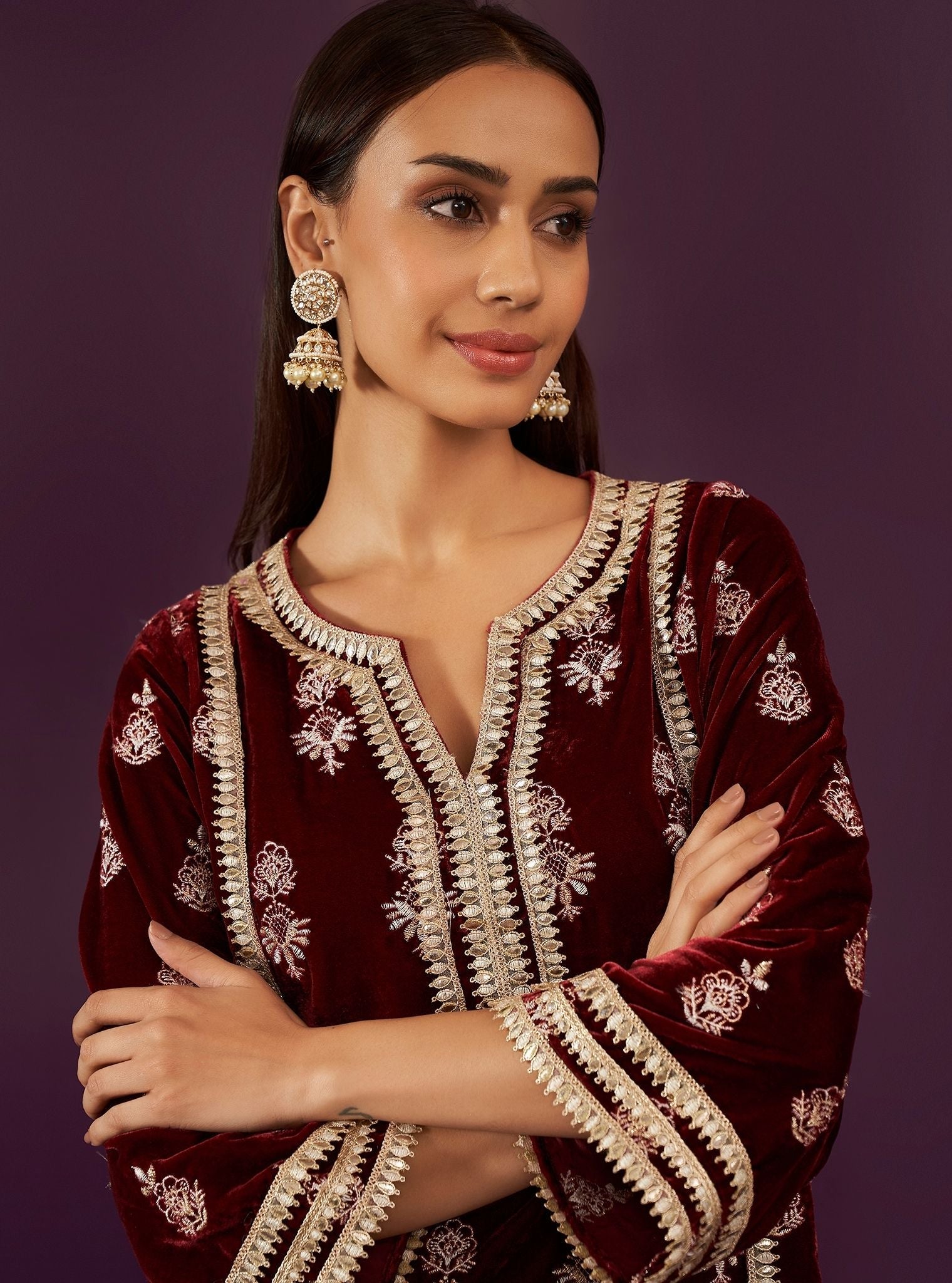 Mulmul Velvet Kumani Wine Kurta With Mulmul Velvet Kumani Wine Pant