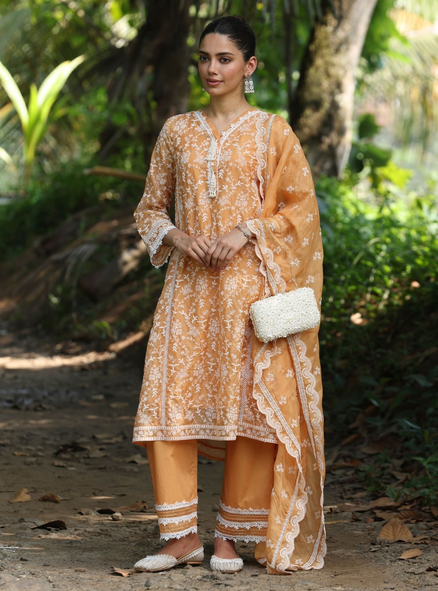 Mulmul Organza Caara Orange Kurta With Mulmul Cotton Caara Orange Pant