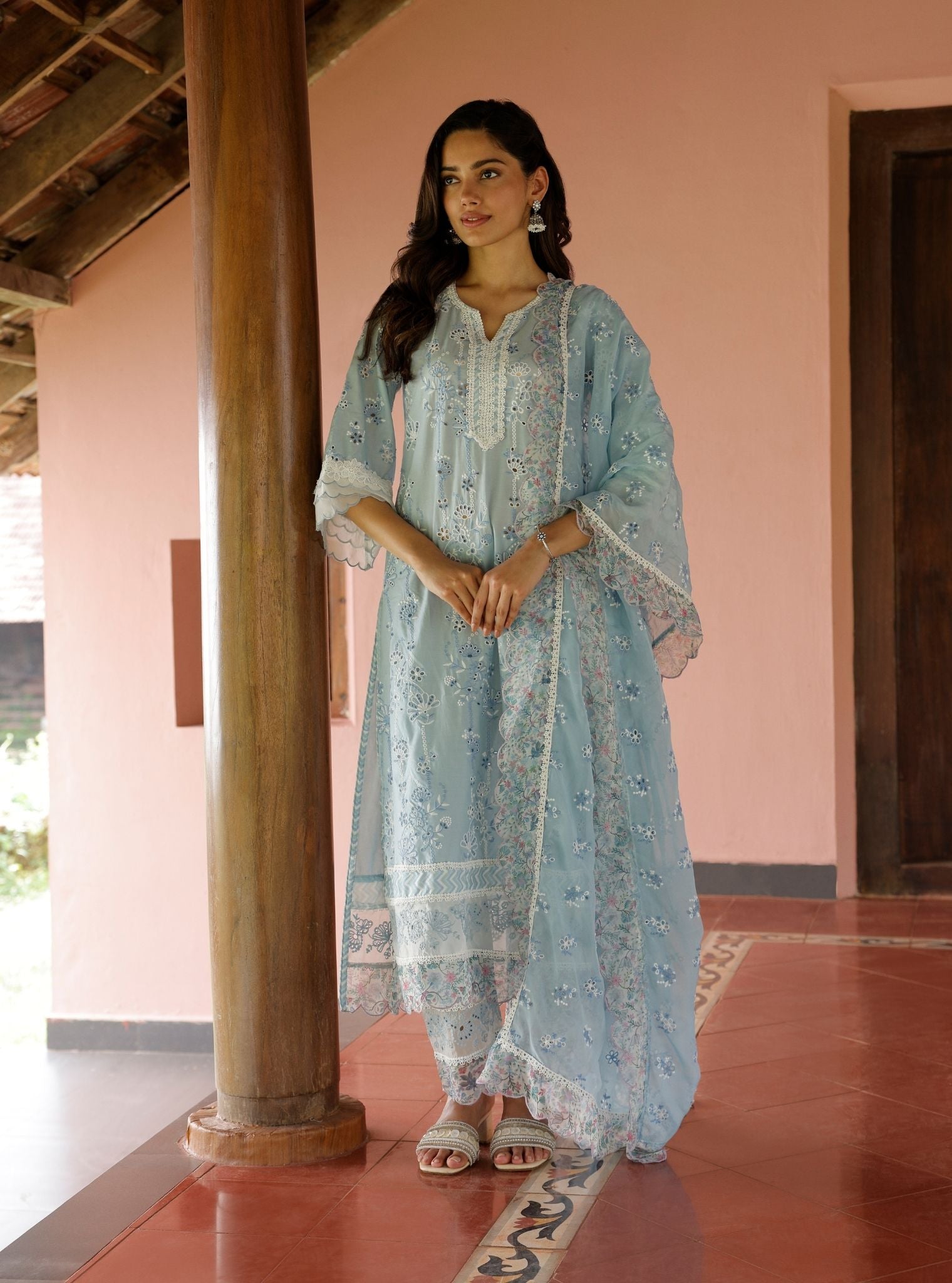 Mulmul Cotton Nair Light Blue Kurta With Mulmul Cotton Nair Light Blue Pant