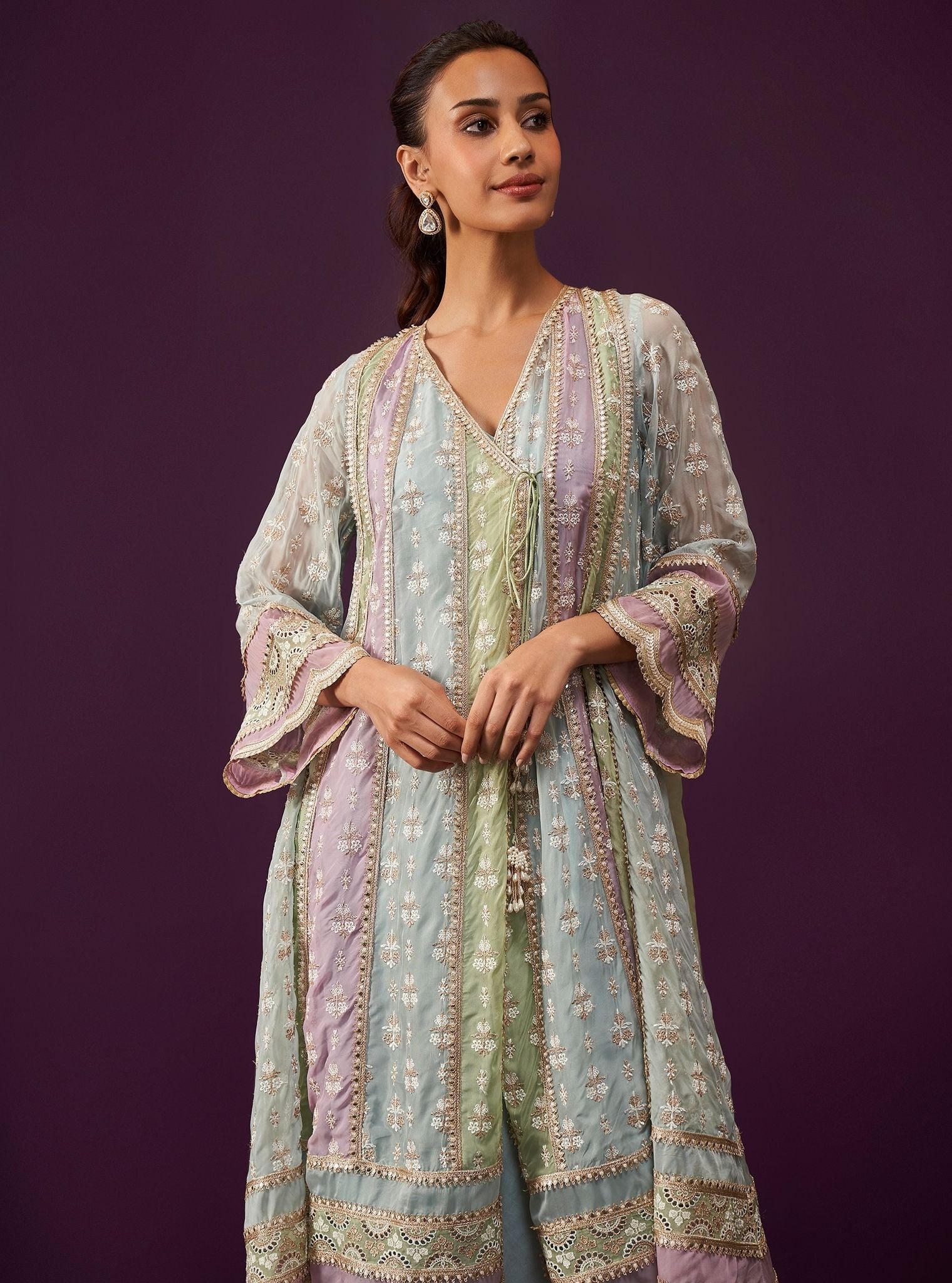 Mulmul Organza Sawika Light Blue Anarkali Kurta With Mulmul Pima Satin Sawika Light Blue Pant