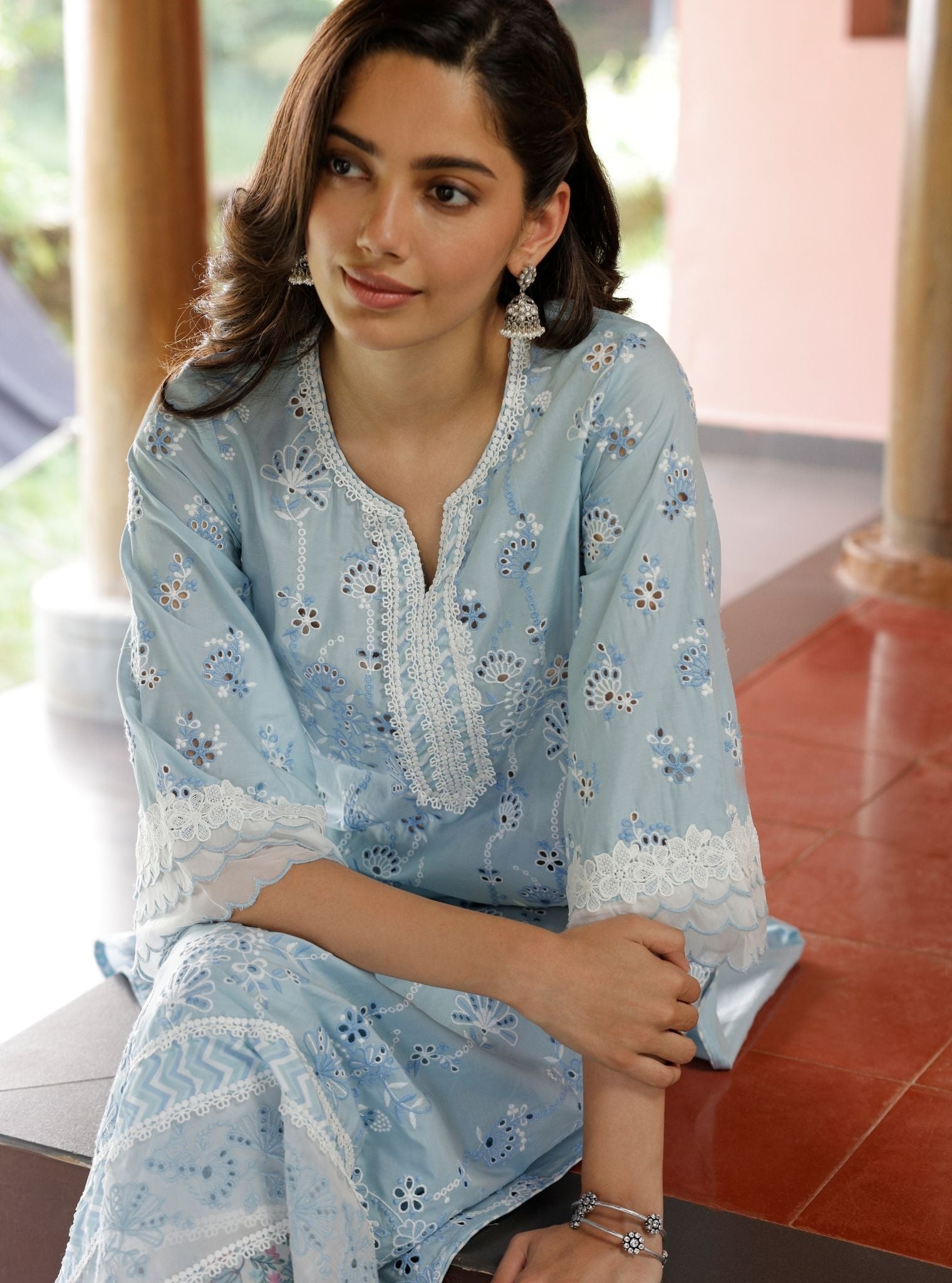 Mulmul Cotton Nair Light Blue Kurta With Mulmul Cotton Nair Light Blue Pant