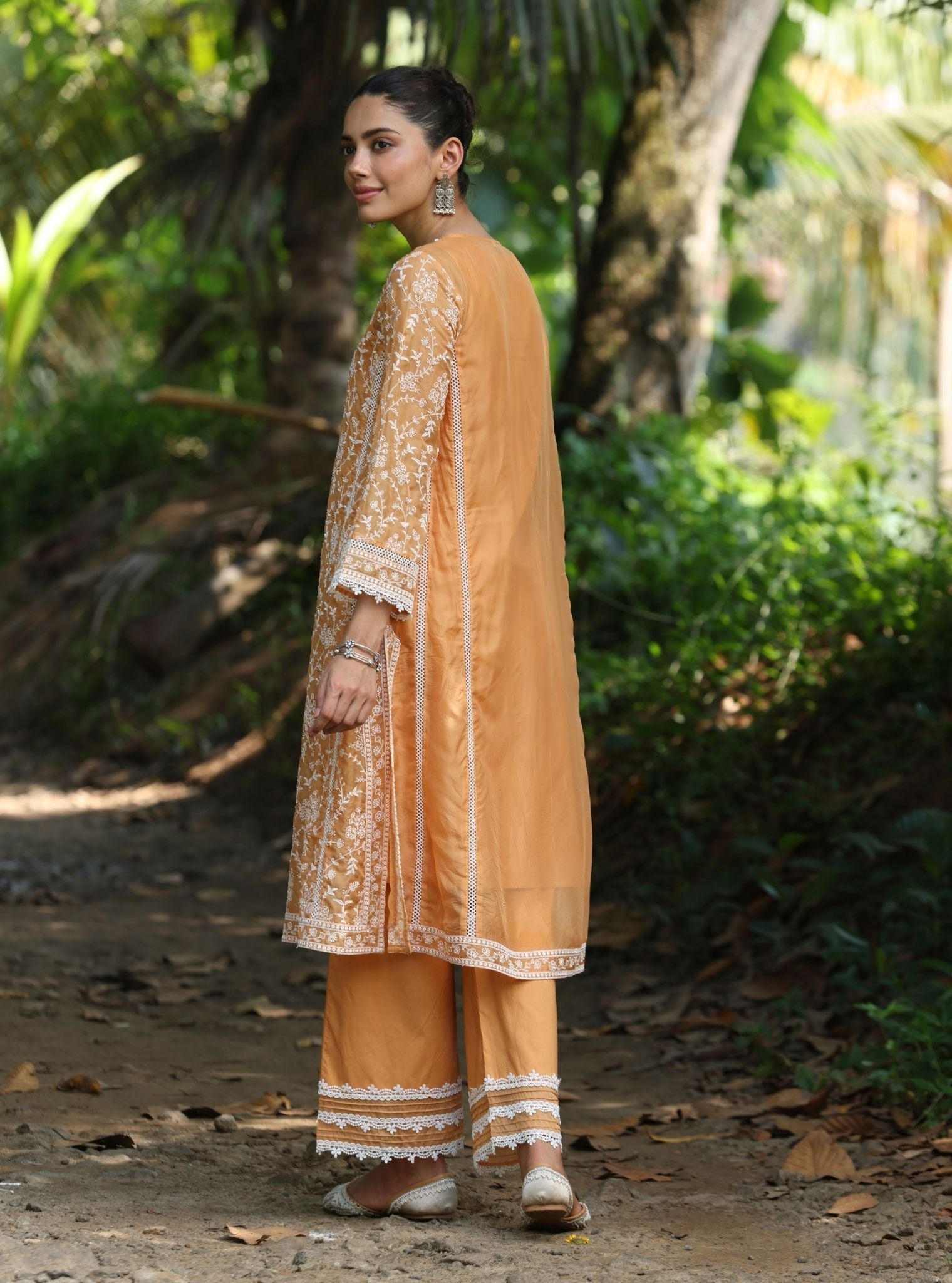 Mulmul Organza Caara Orange Kurta With Mulmul Cotton Caara Orange Pant