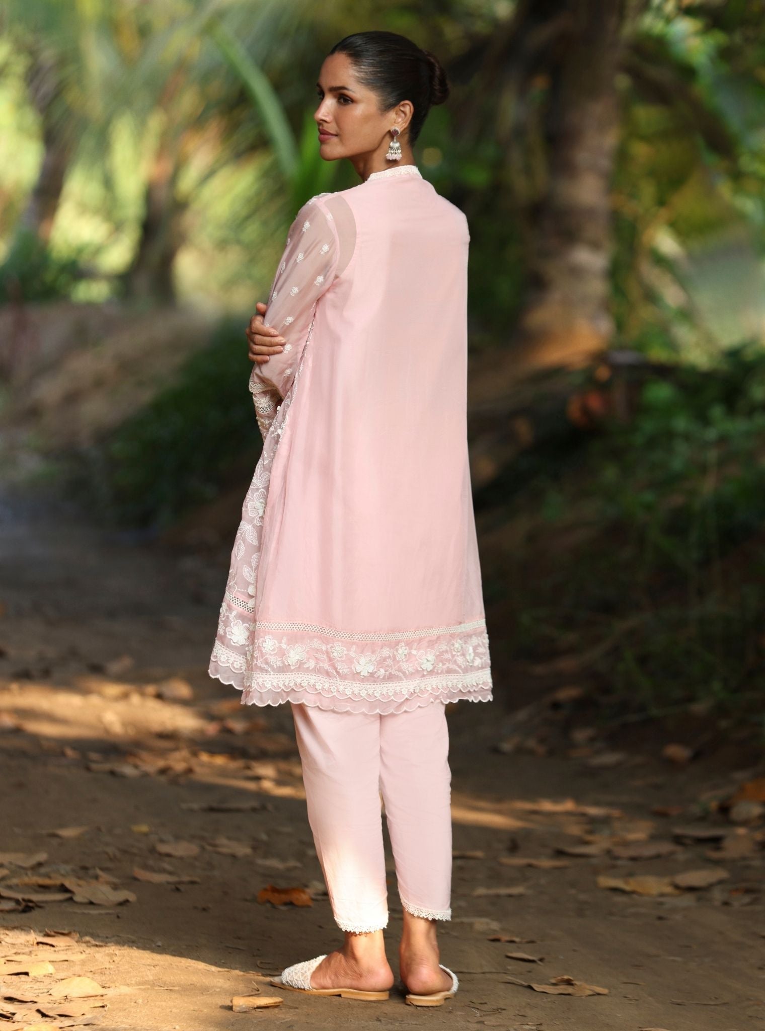 Mulmul Organza Uma Pink Kurta With Mulmul Cotton Uma Pink Dhoti Pant