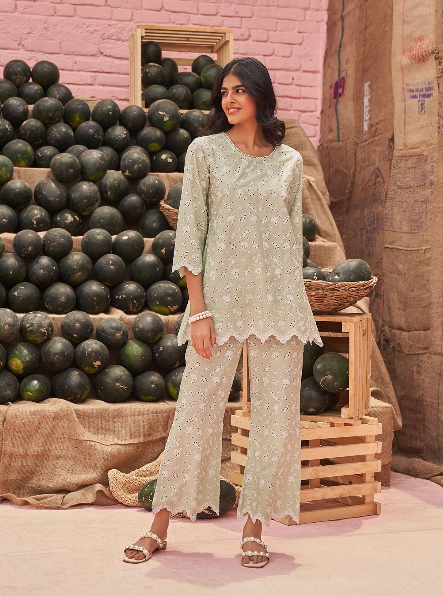 Mulmul Cotton Hannah Green Top With Mulmul Cotton Hannah Green Pant