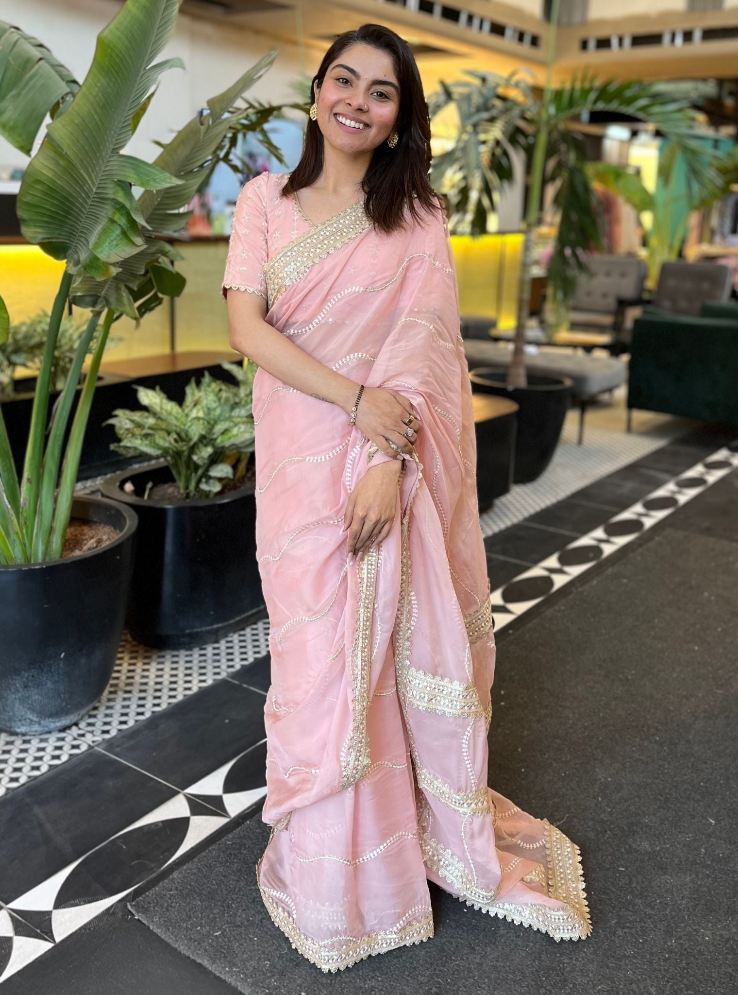 Mulmul Organza Aubry Pink Saree