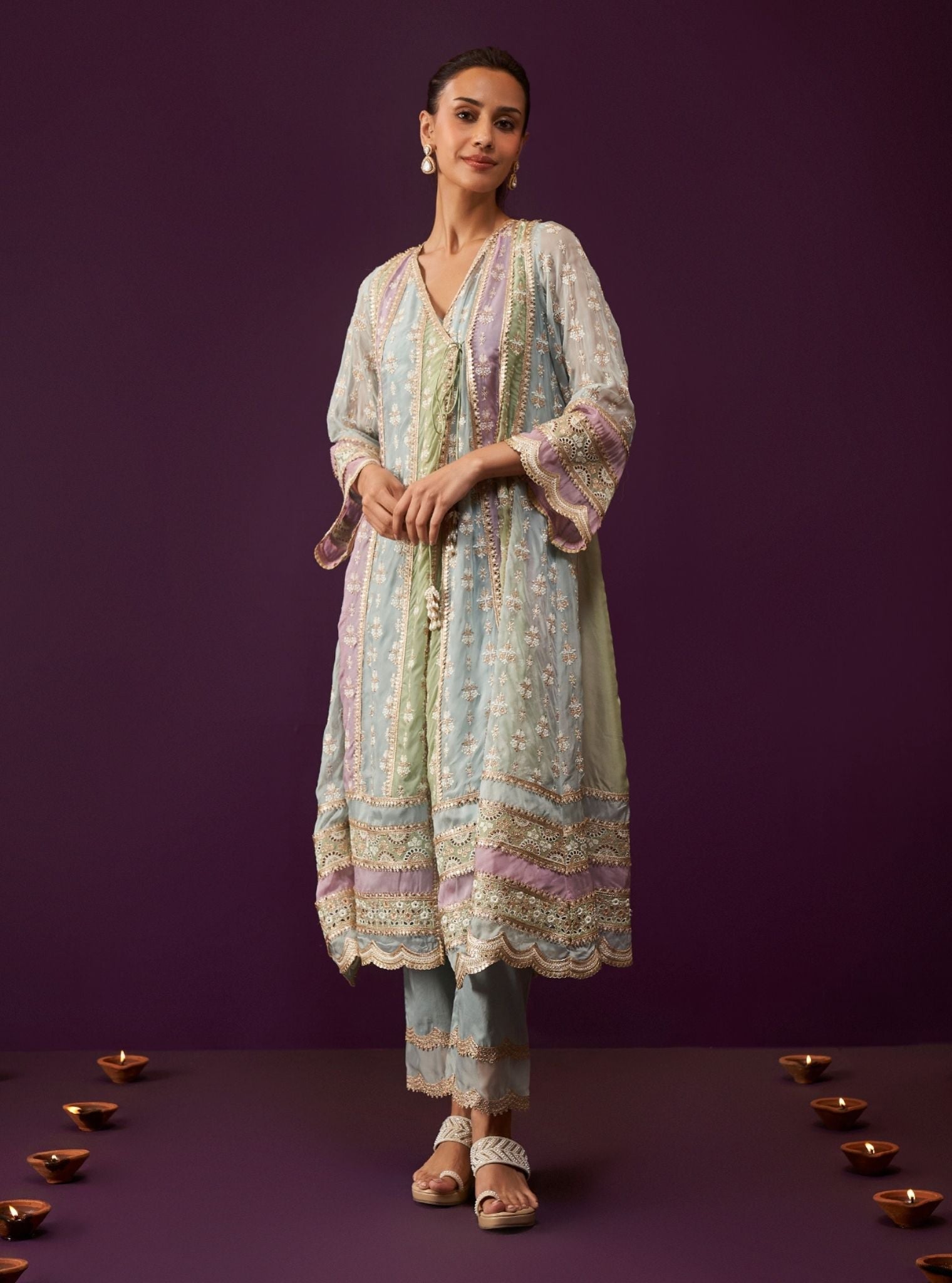 Mulmul Organza Sawika Light Blue Anarkali Kurta With Mulmul Pima Satin Sawika Light Blue Pant