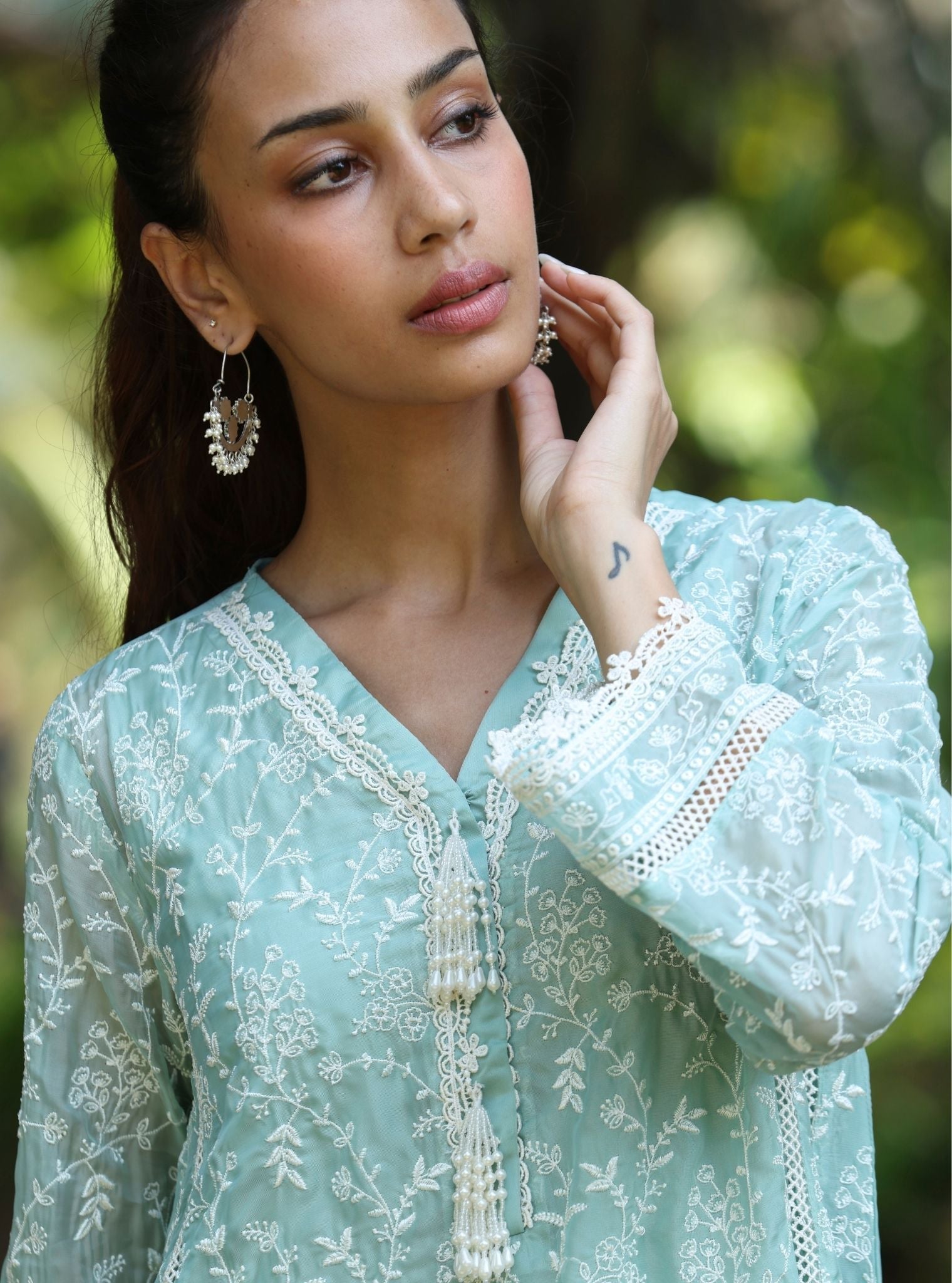 Mulmul Organza Caara Teal Blue Kurta With Mulmul Cotton Caara Teal Blue Pant