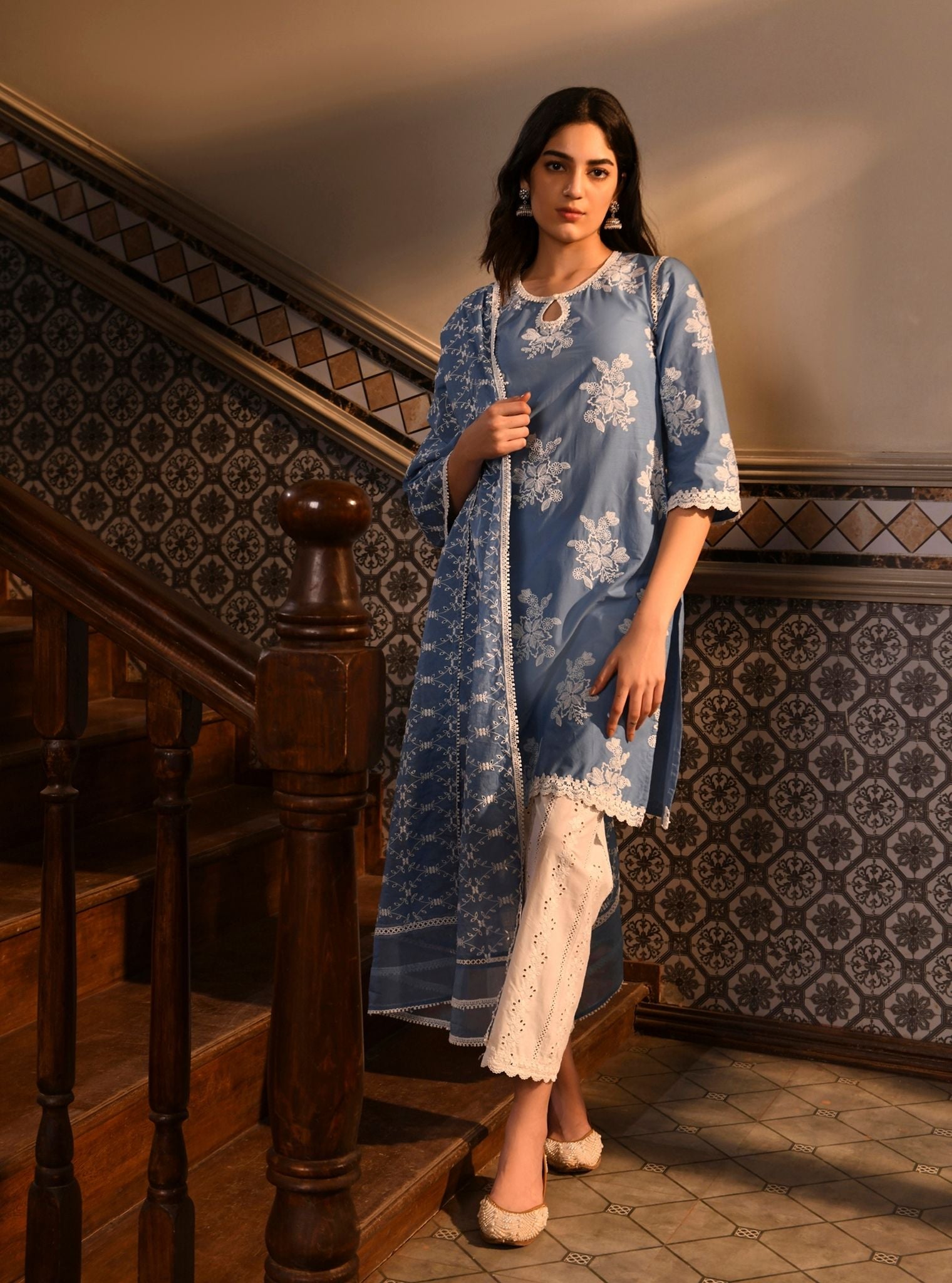 Mulmul Cotton Ayda Denim Kurta With Mulmul Cotton Vertical Boring Emb White Pant