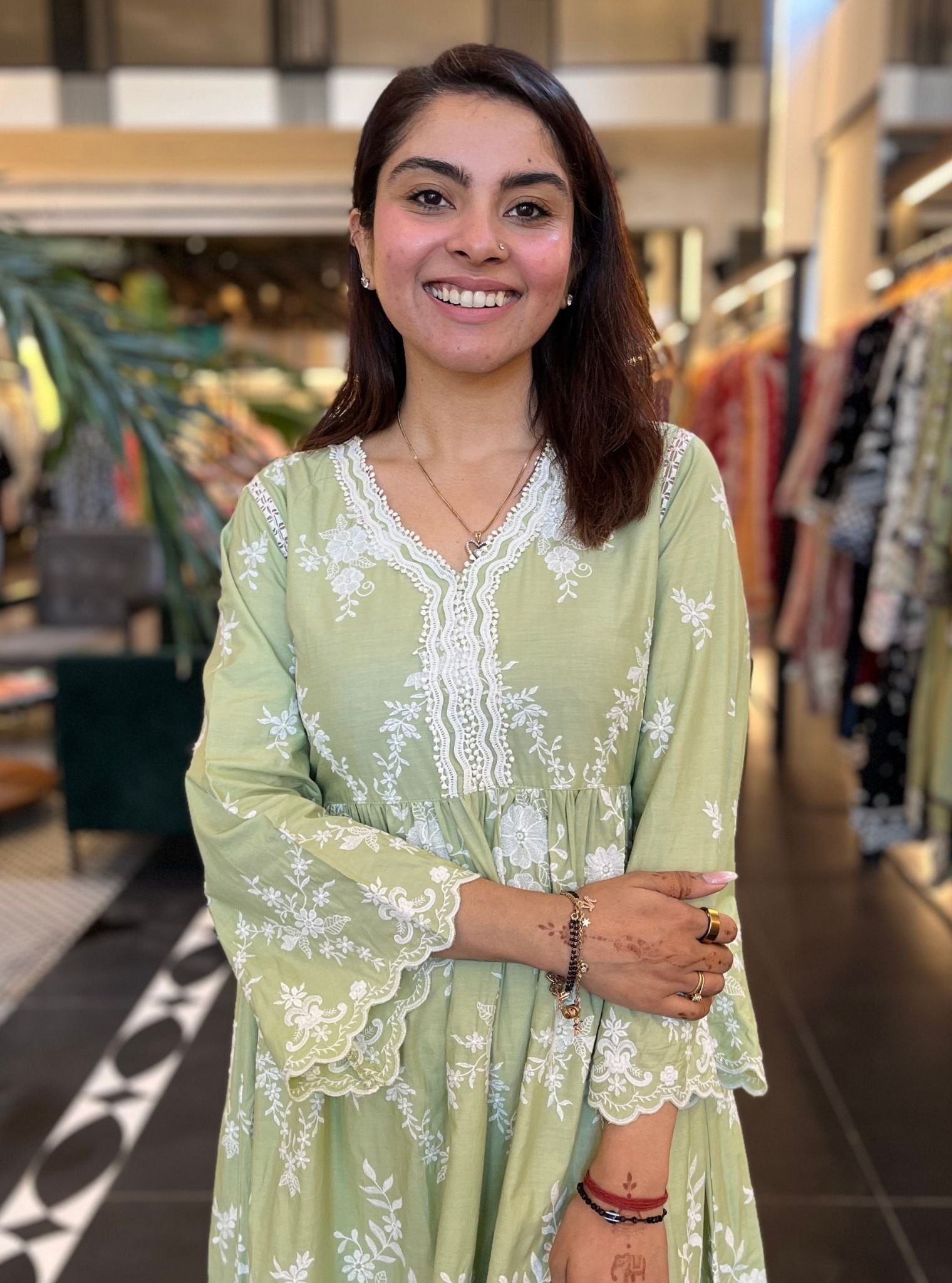 Mulmul Cotton Zambi Green Kurta With Zambi Pant Green