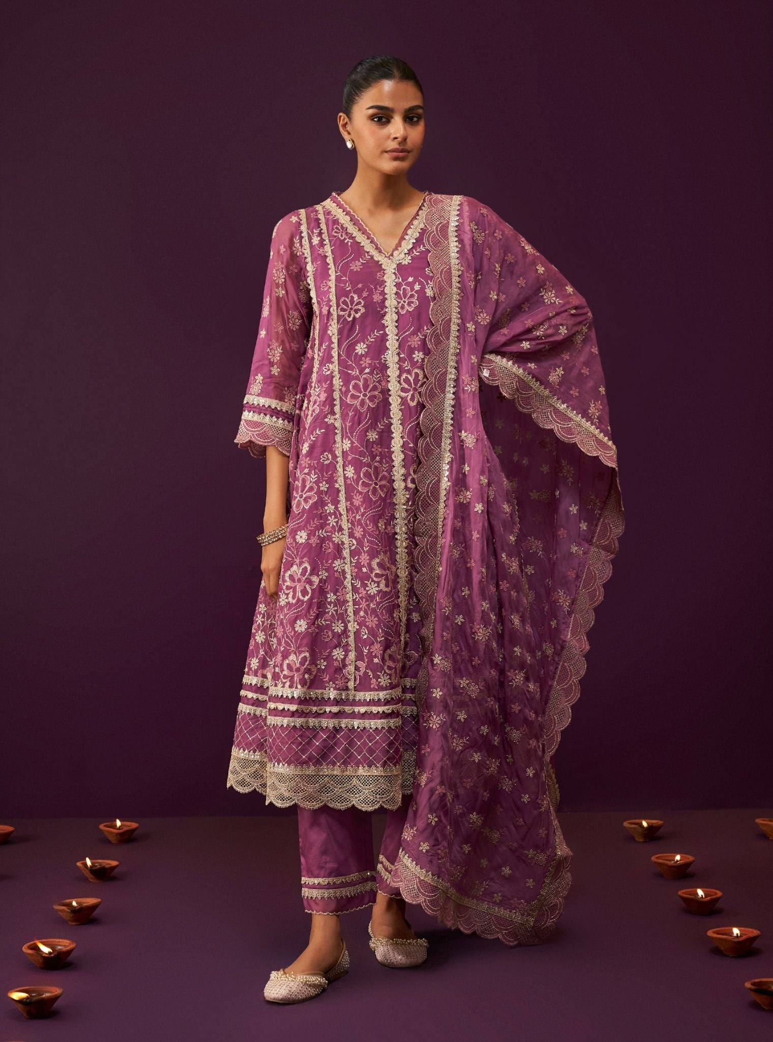 Mulmul Organza Sirikit Grape Anarkali Kurta With Mulmul Pima Satin Sirikit Grape Pant