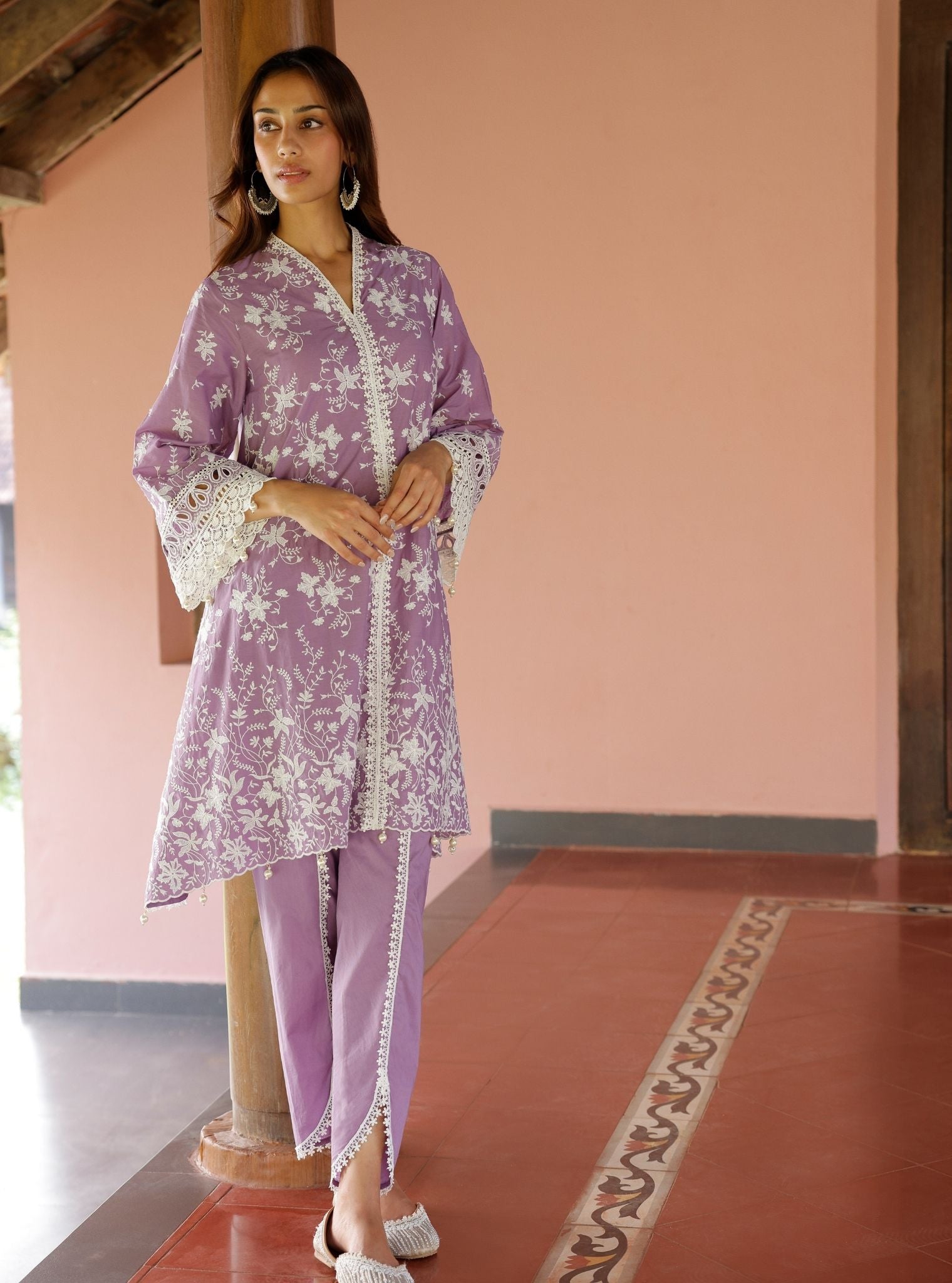 Mulmul Cotton Aalaya Violet Kurta With Mulmul Cotton Aalaya Violet Dhoti Pant