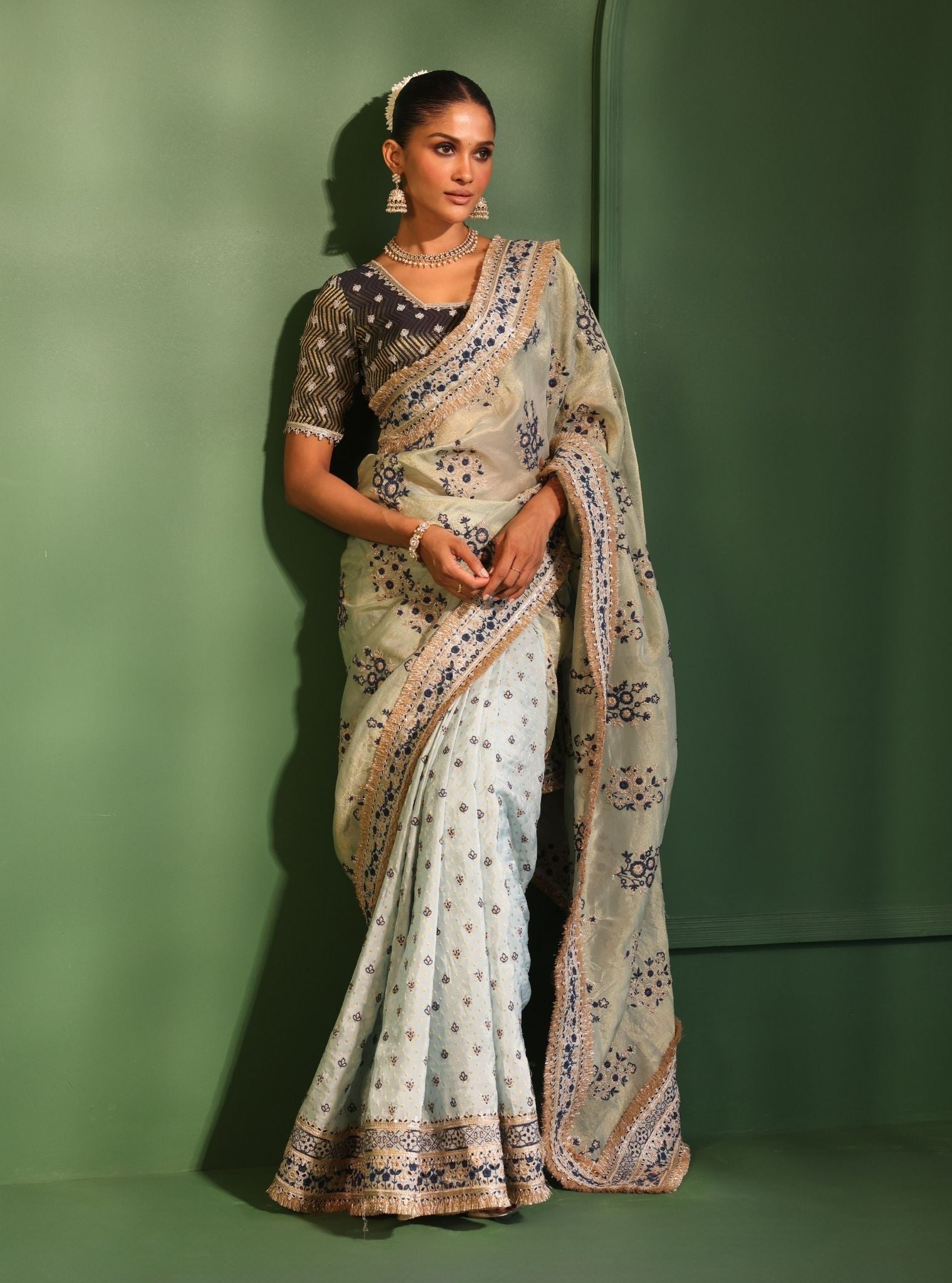 Mulmul Lurex Organza + Banarsi Mohra Blue Saree