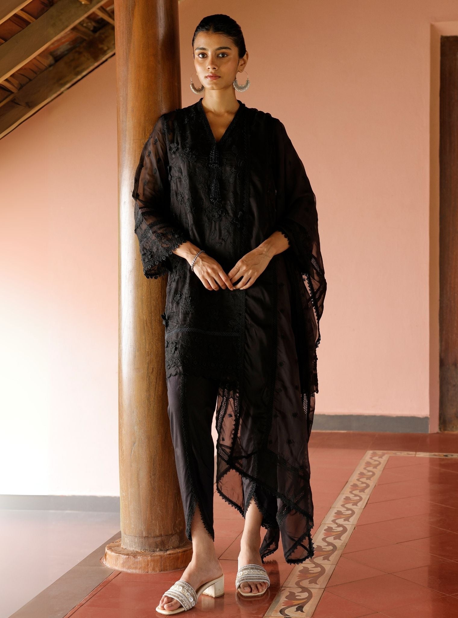 Mulmul Organza Uma Black Kurta With Mulmul Cotton Uma Black Dhoti Pant