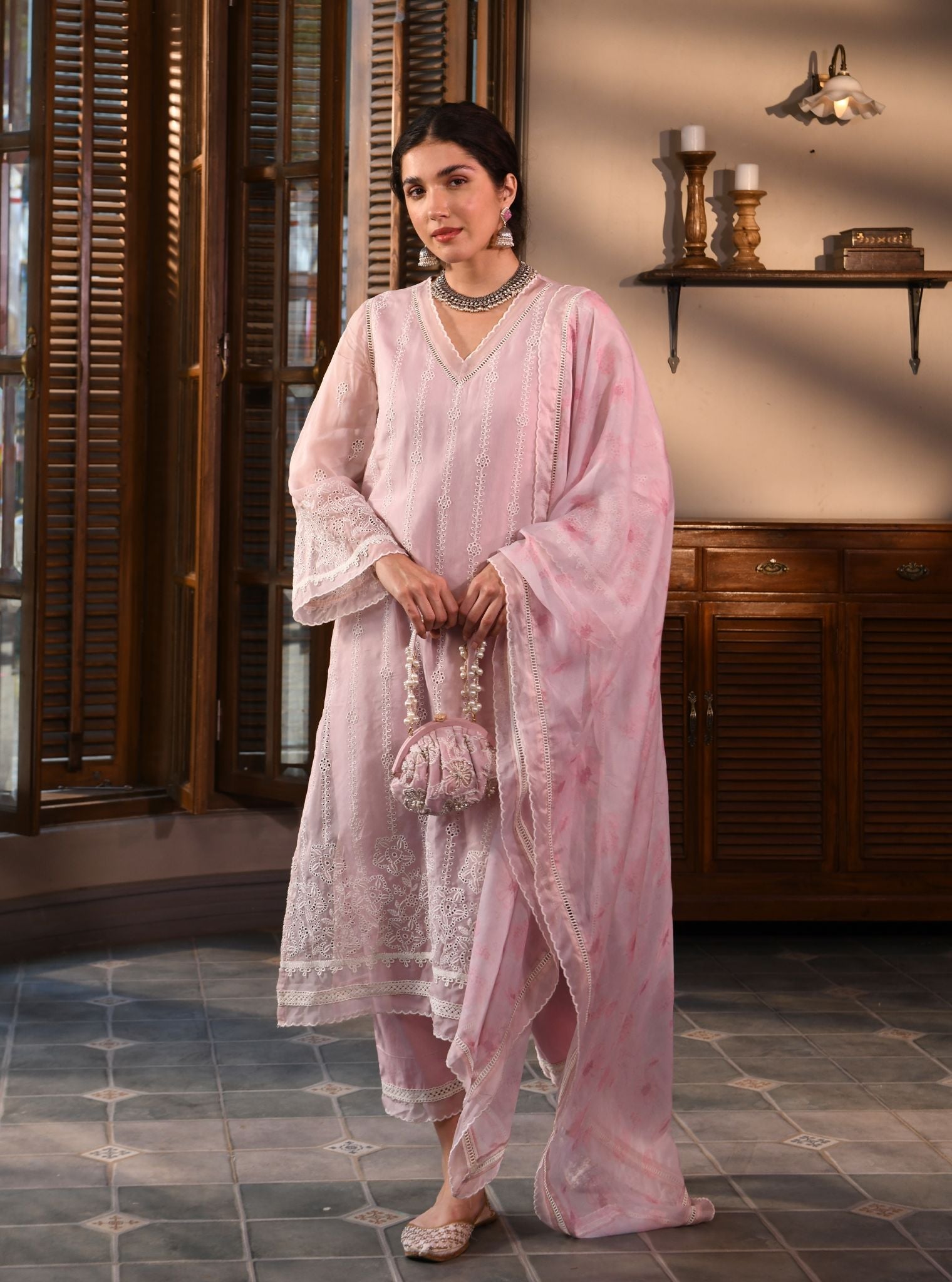 Mulmul Organza Parisa Dusty Pink Kurta With Mulmul Cotton Parisa Dusty Pink Pant