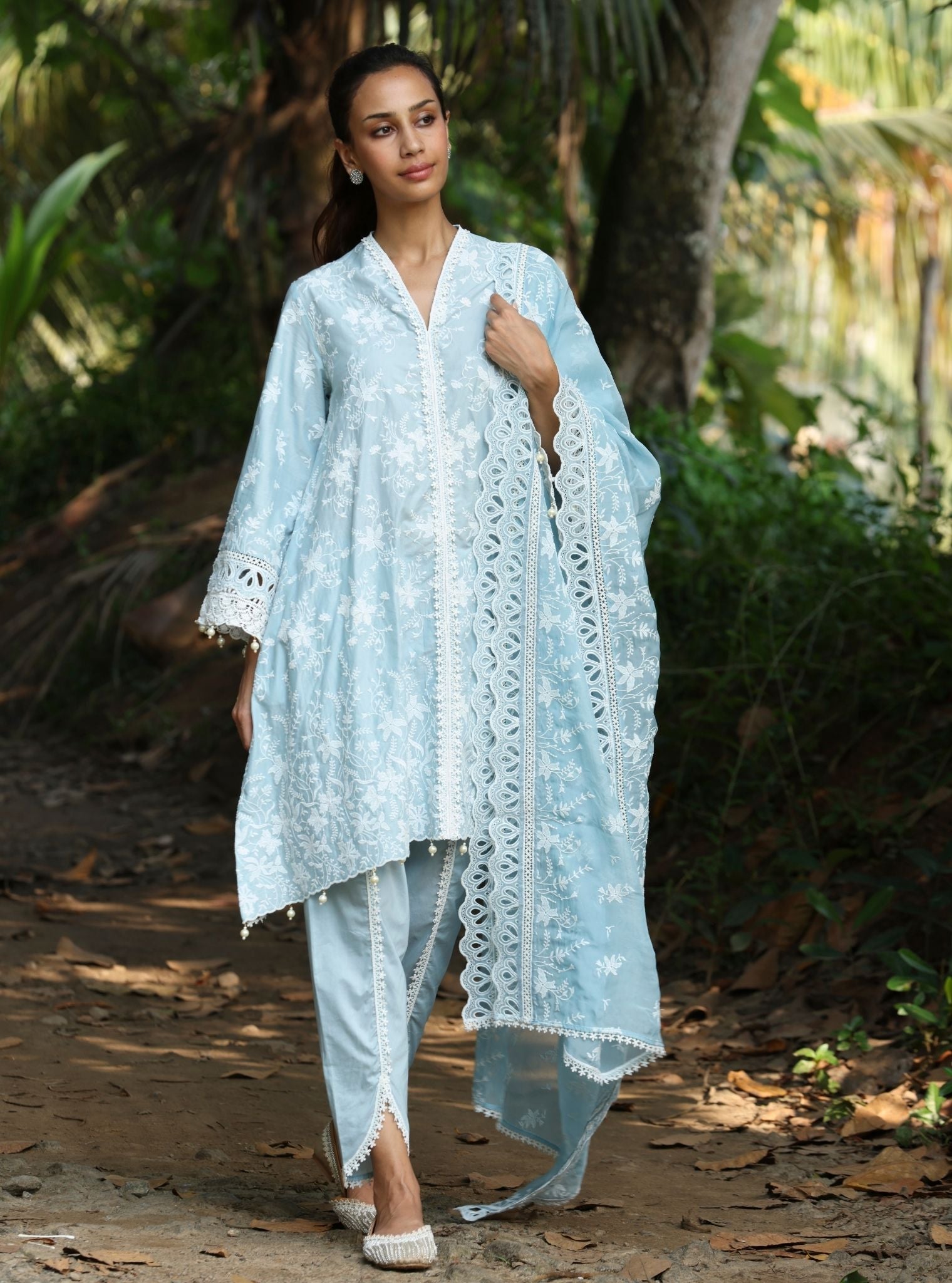 Mulmul Cotton Aalaya Blue Kurta With Mulmul Cotton Aalaya Blue Dhoti Pant