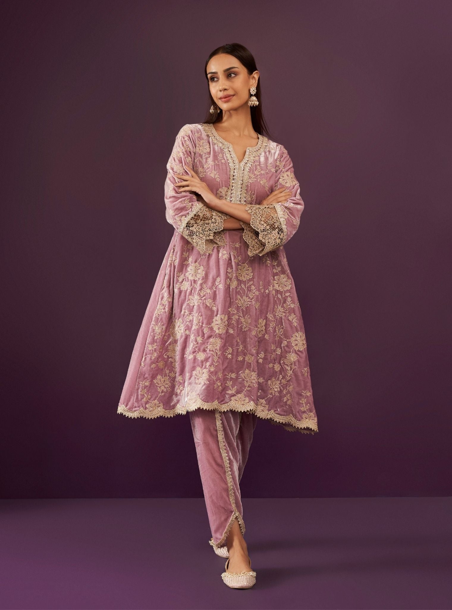 Mulmul Velvet Imani Lilac Kurta With Mulmul Velevt Imani Lilac Dhoti Pant