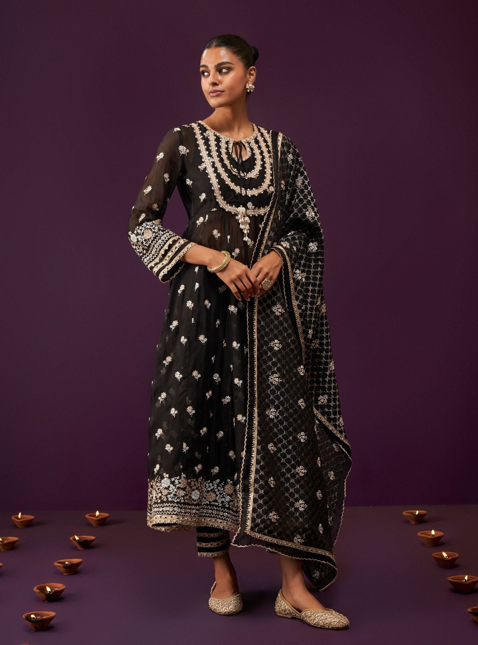 Mulmul Organza Sumalee Black Anarkali Kurta With Mulmul Pima Satin Sumalee Black Pant