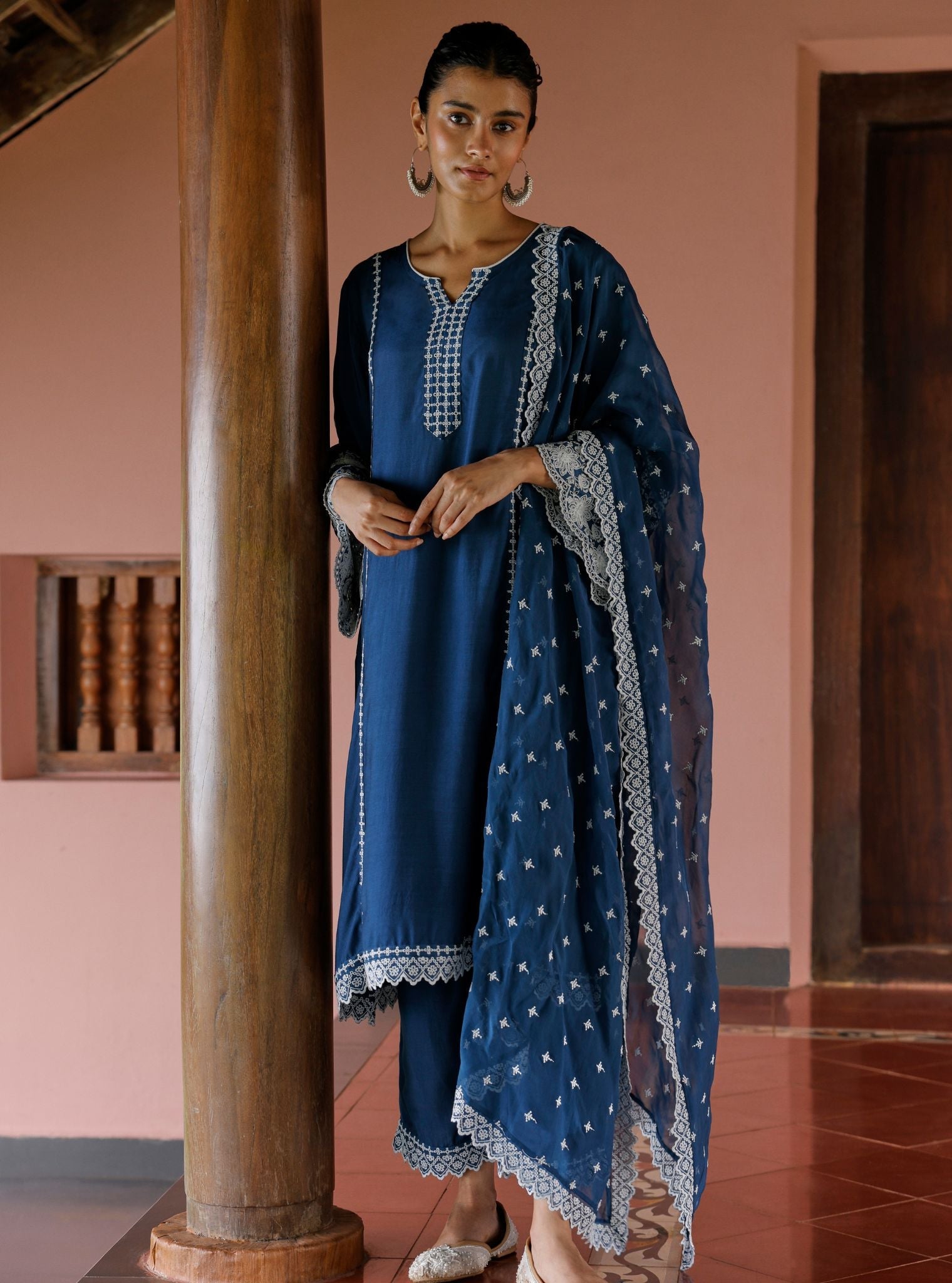 Mulmul Lawn Mandara Navy Kurta With Mulmul Lawn Mandara Navy Pant