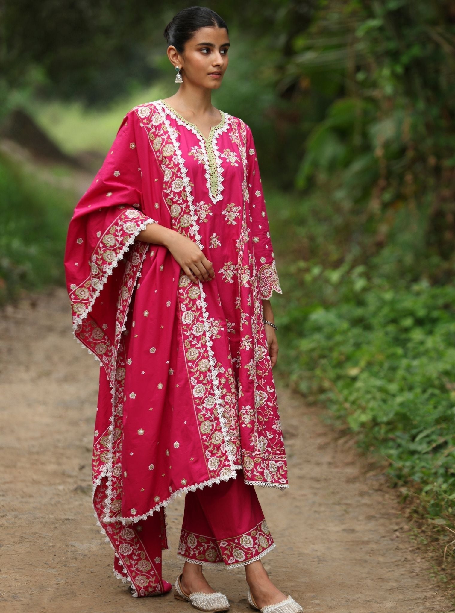 Mulmul Cotton Aavya Fuschia Anarkali Kurta With Mulmul Cotton Aavya Fuschia Pant