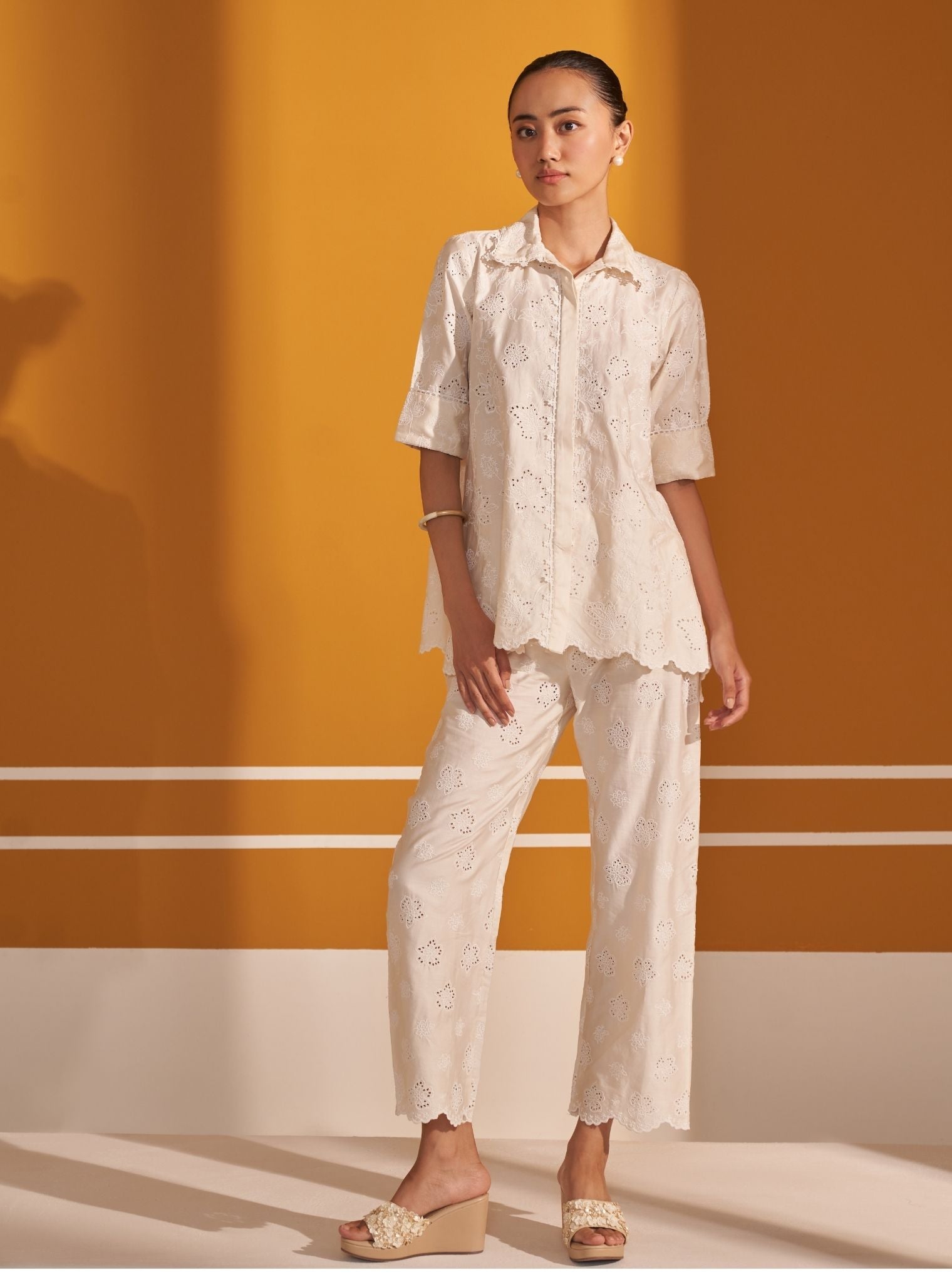 Mulmul Pima Satin Roselyn Off White Shirt with Mulmul Pima Satin Roselyn Off White Pant