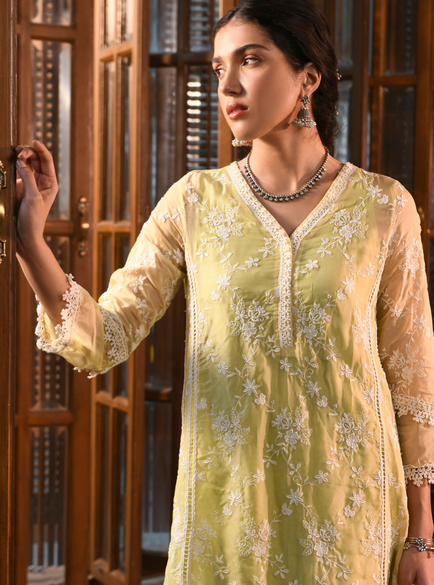 Mulmul Organza Hiyti Lime Kurta With Mulmul Cotton Hiyti Lime Pant