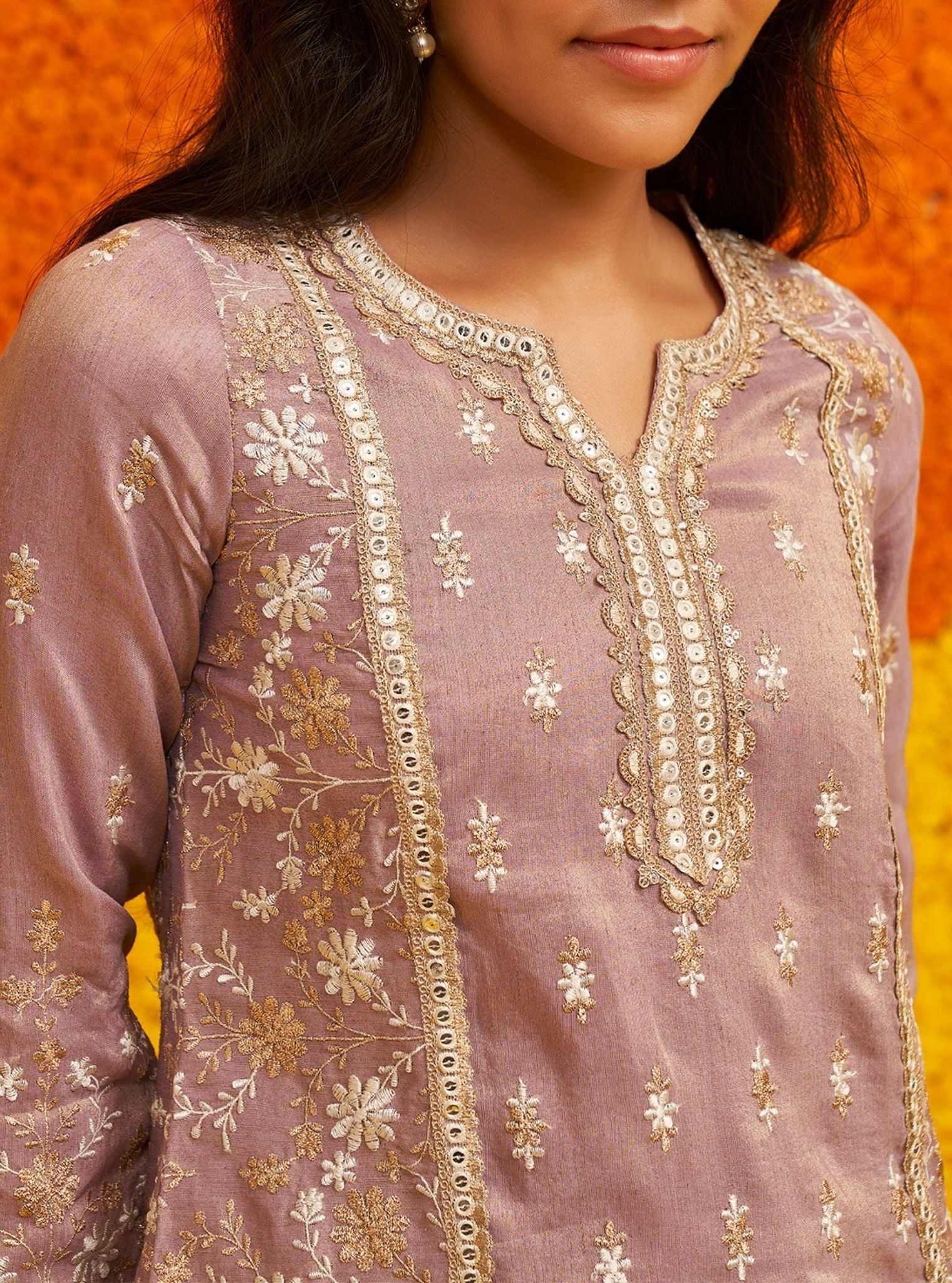 Mulmul Tissue Linen Satin Satranga Lilac Kurta With Mulmul Tissue Linen Satin Satranga Lilac Pant