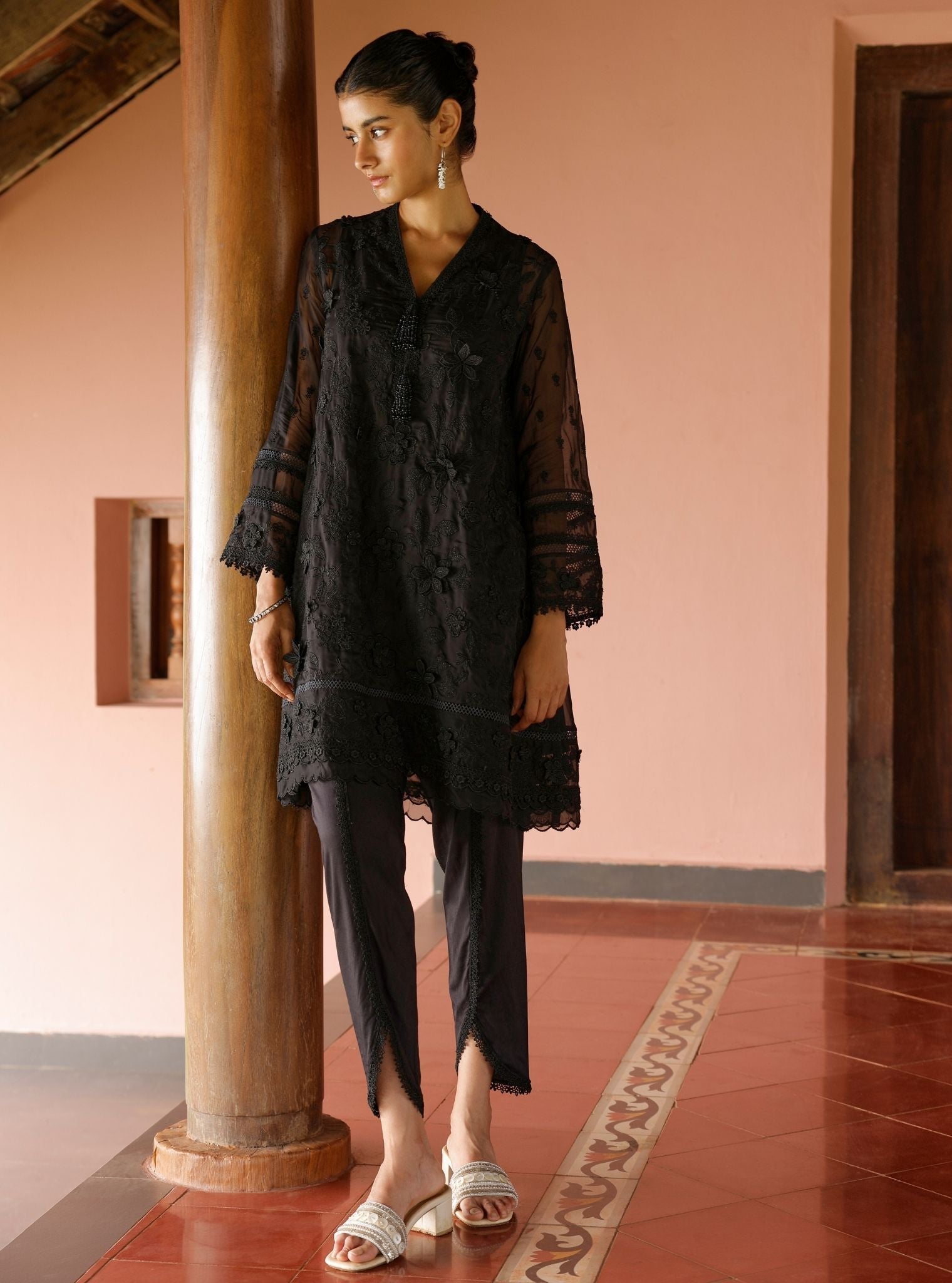 Mulmul Organza Uma Black Kurta With Mulmul Cotton Uma Black Dhoti Pant