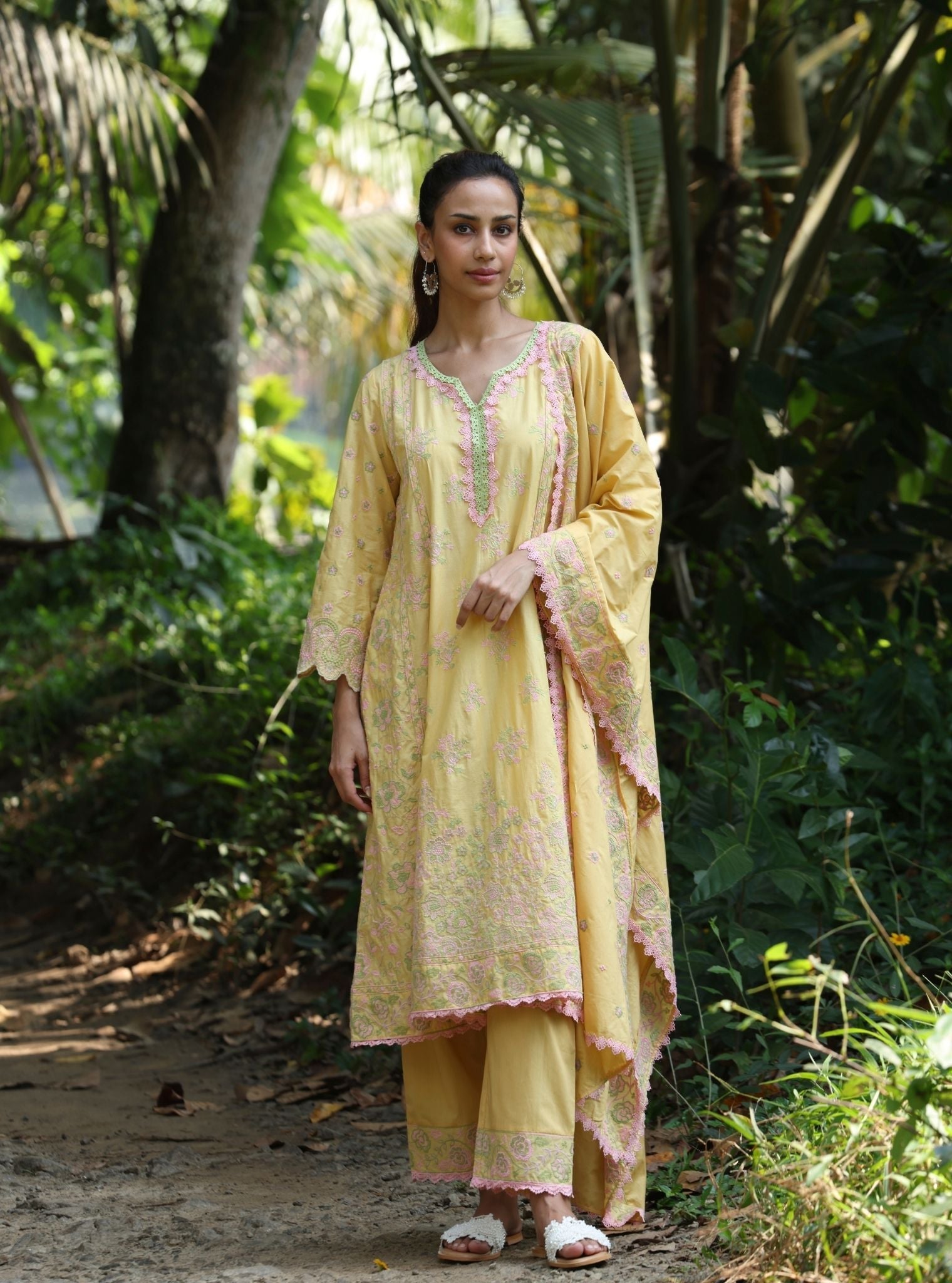 Mulmul Cotton Aavya Yellow Anarkali Kurta With Mulmul Cotton Aavya Yellow Pant