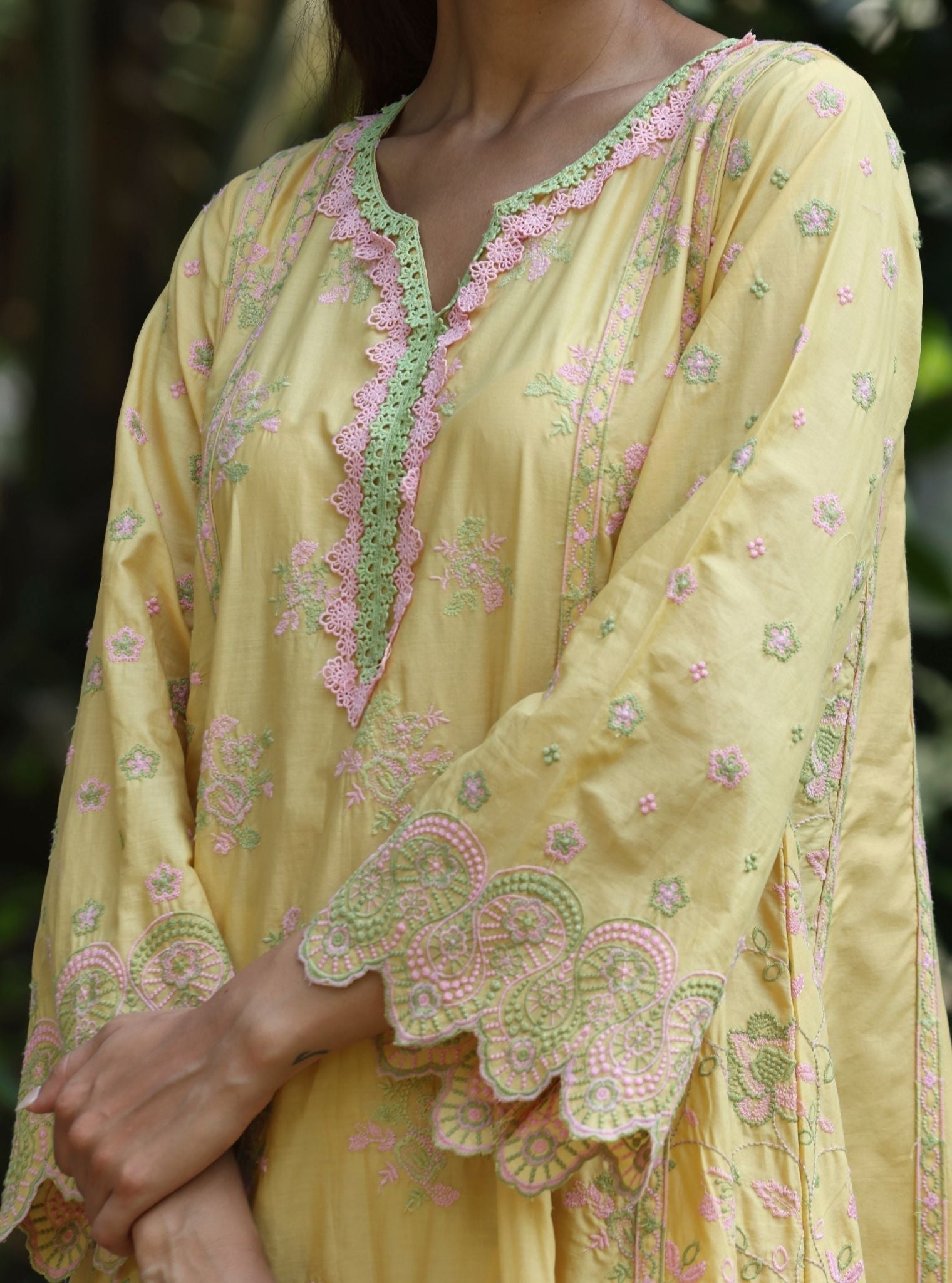 Mulmul Cotton Aavya Yellow Anarkali Kurta With Mulmul Cotton Aavya Yellow Pant